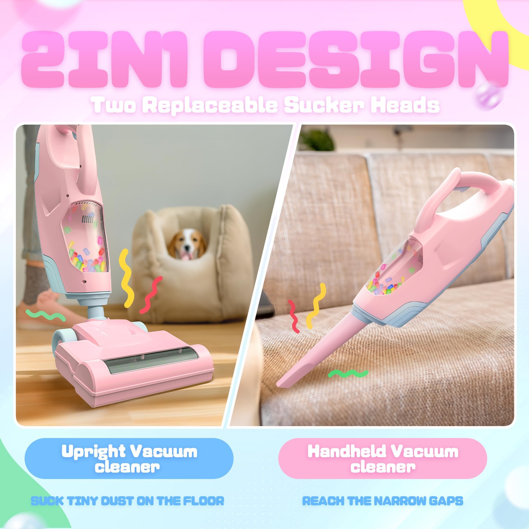 SMILESSKIDDO Kids Vacuum That Really Works - Toddler Toy Vacuum with 2 Nozzles, Sound and Ball Popping Action, Housekeeping Toys for Children Boys & Girls (Pink)