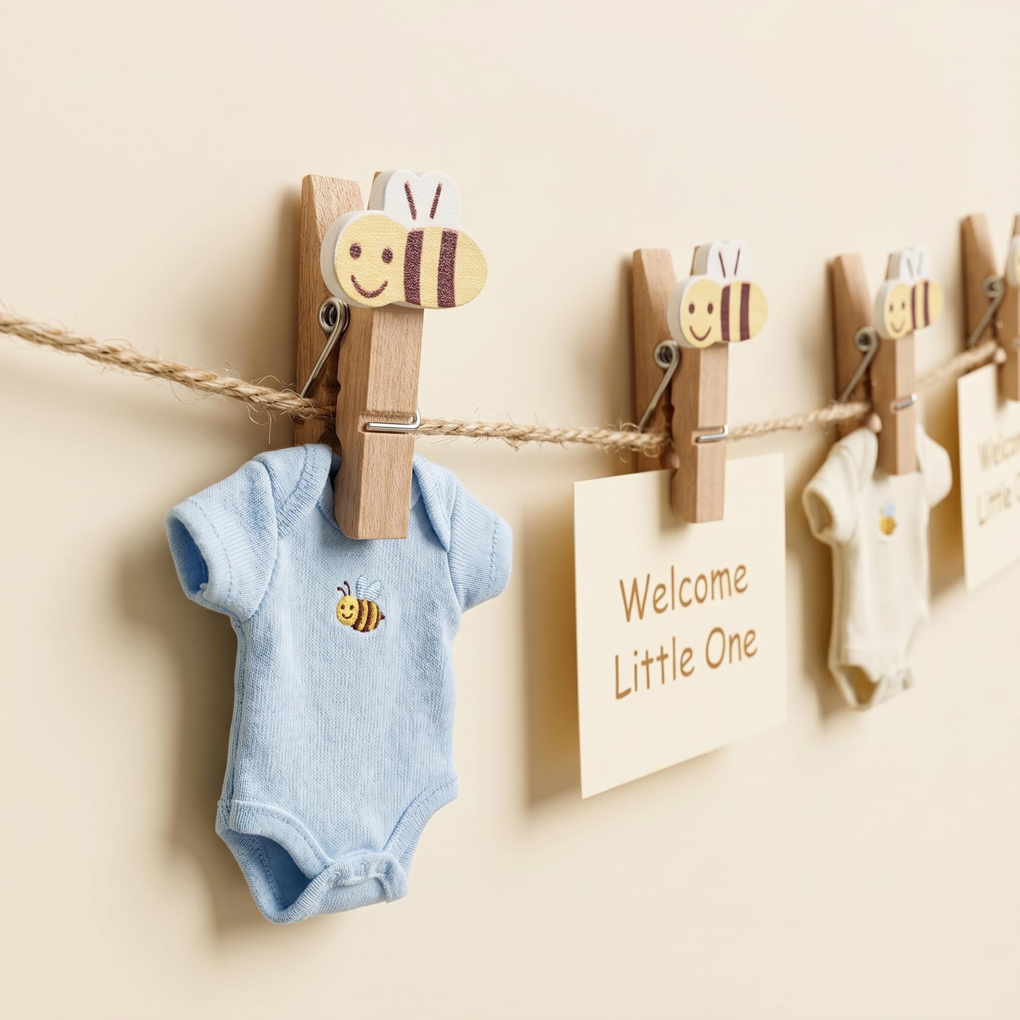 Veemoon Mini-Wäscheklammern aus Holz, Bienenklammern, Beige, Bastelklammern mit Seil, Foto-Display, Babyparty, Partyzubehör, 30 Stück