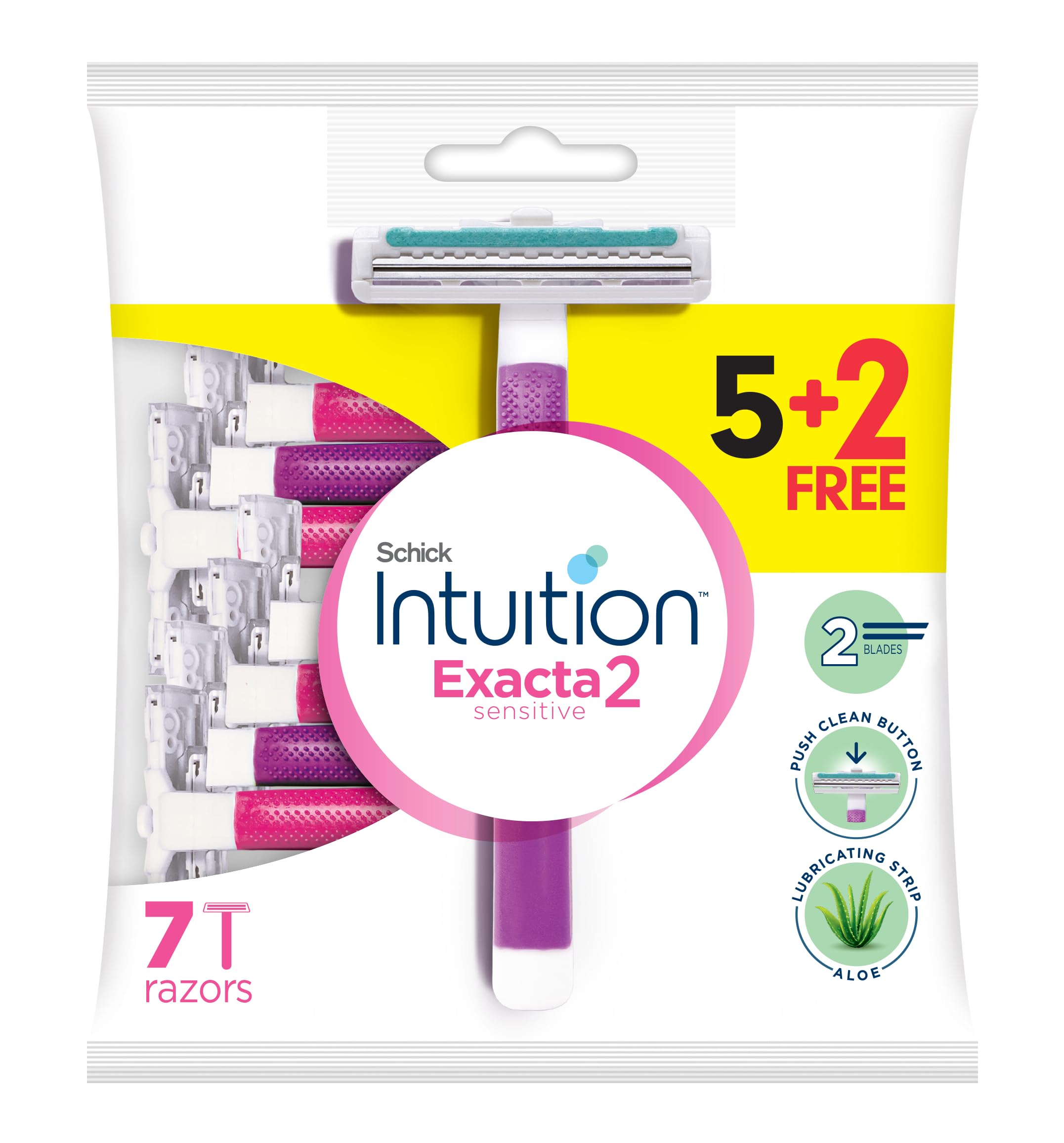 Intuition Exacta2 Sensitive Disposable Razor for Women, 5+ 2 Pack ,Suitable for Sensitive Skin, Ultra thin 2 Blades, Lubricating Strip with Organic Aloe + Vitamin E , Push Clean Button