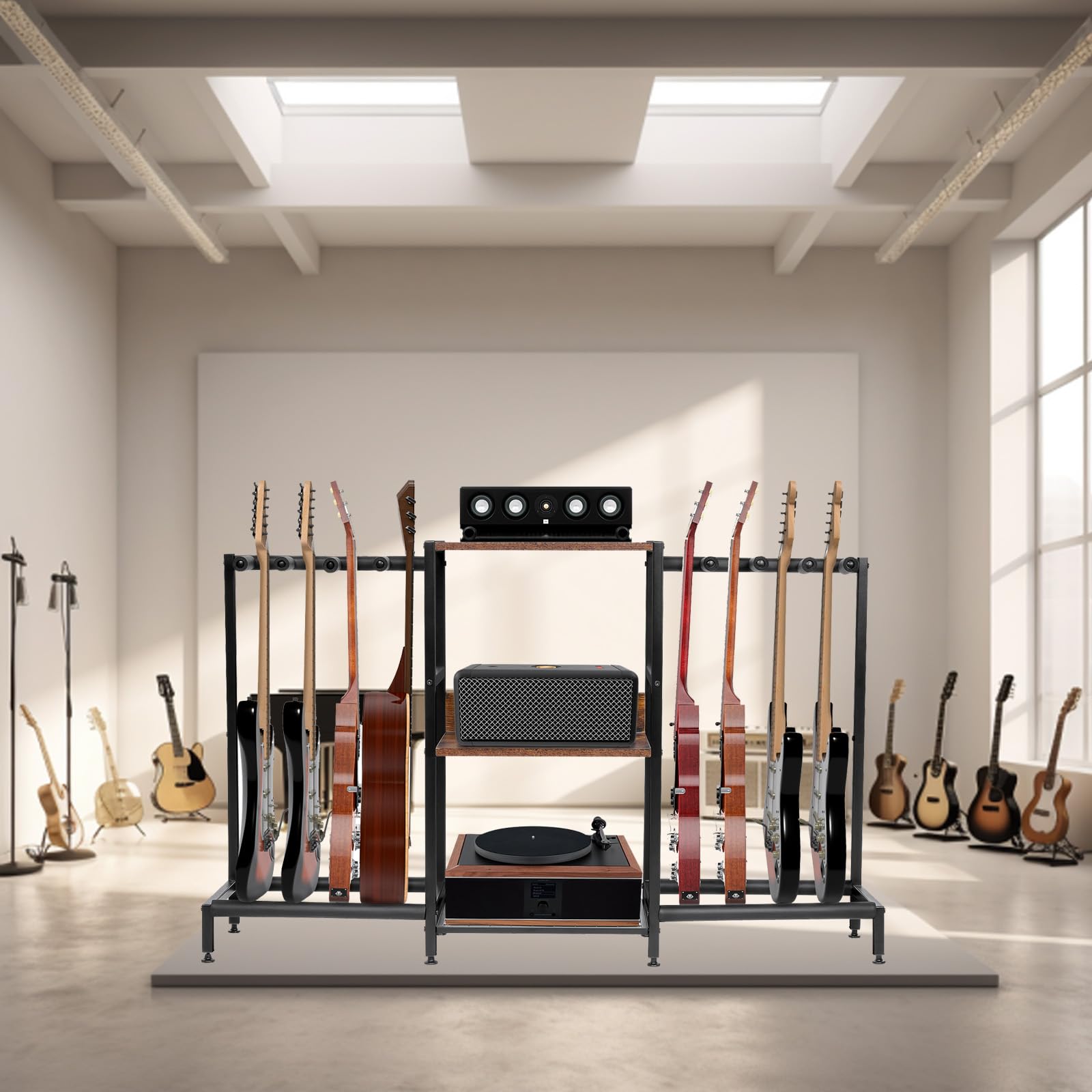 Nisorpa Gitarrenständer mit Ablagefach, Holz, Multi-Gitarrenständer für Akustik-Bass, E-Gitarre, 28 x 128 x 73 cm, Schwarz und Kaffeebraun