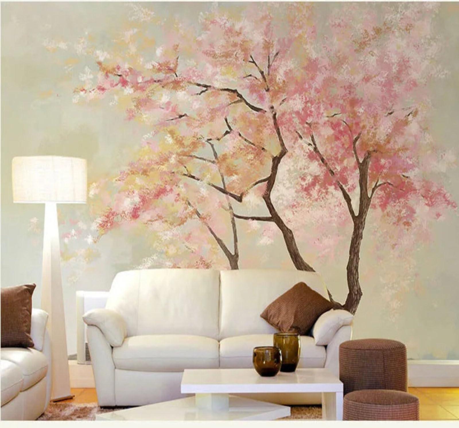 Tzxztt Hand Drawn Watercolour Beautiful Pink Trees Modern 3D Wallpaper Premium Textured Silk Neutral Tones Material Ideal for Living Room Bedroom-350cm×256cm