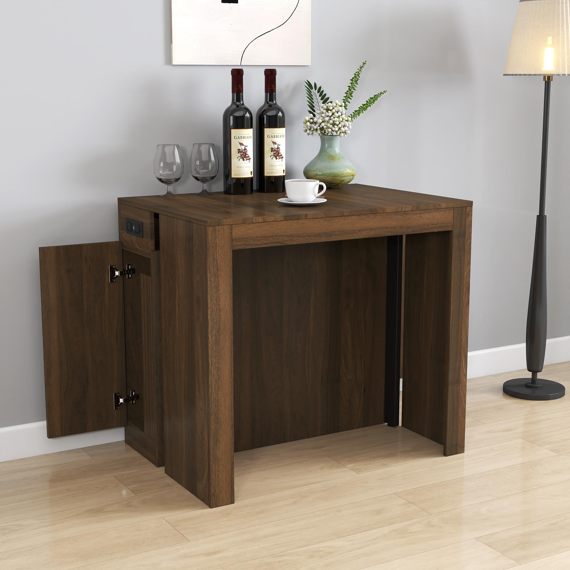 Expandable Dining Table, Transformer Console Table with Charging Ports & Storage, Walnut