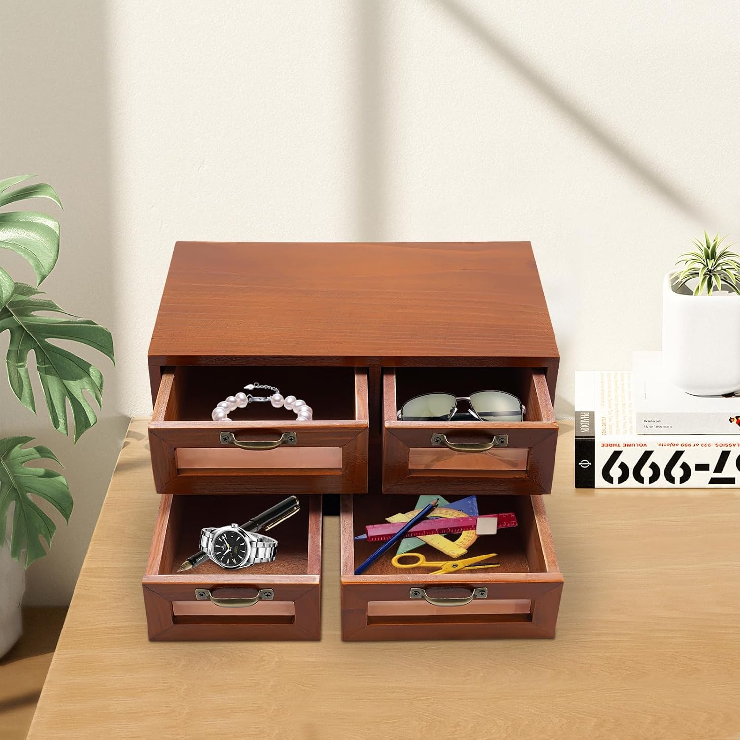 Organizzatore da Scrivania Multilivello in bambù con 16 Cassetti Trasparenti - Mobiletto in Legno per Ufficio E Casa - Elegante Mobiletto da Tavolo in Stile Farmacia per Brown 4 Drawer