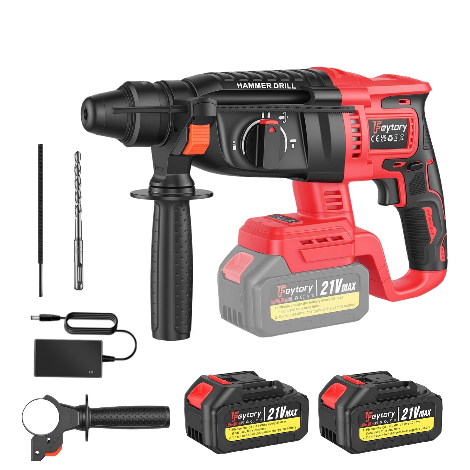 Perforateur Burineur Sans Fil 21V Brushless, 3 Modes (Perçage/Perforation/Burinage), Réglage du Ciseau, Antichoc, 1000 RPM, 4500 BPM, avec 2x Batteries 1300mAh + Coffret
