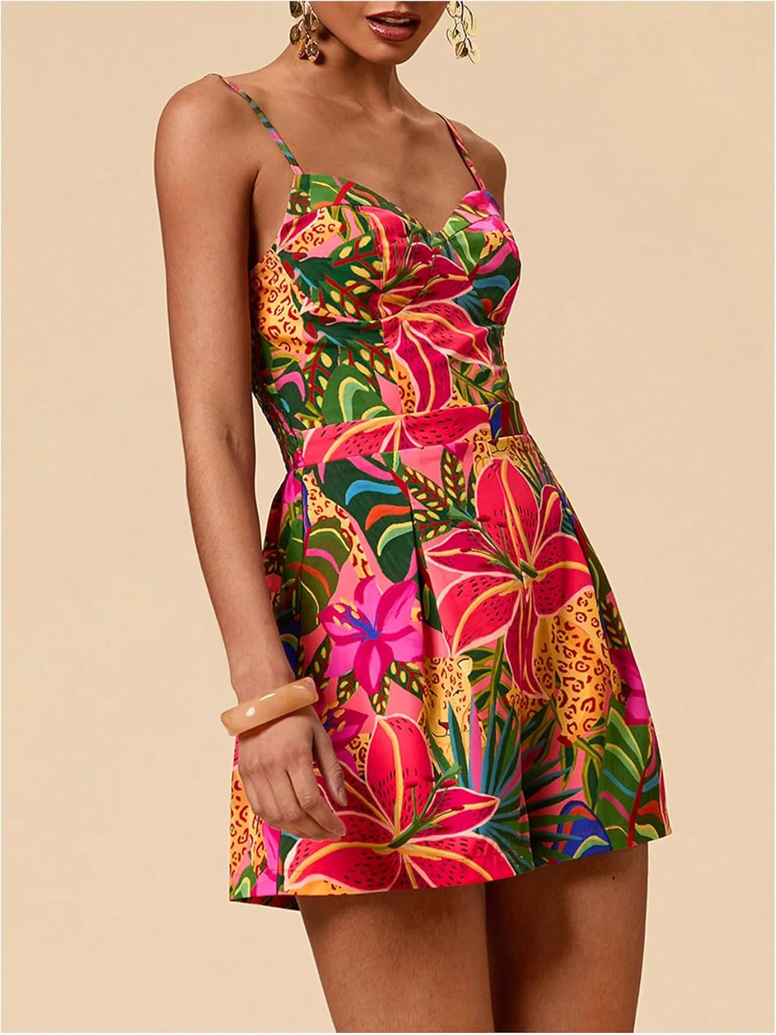 SweatyRocks Women's Spaghetti Strap Floral Print Wide Leg Romper Short Jumpsuit Summer Outfits - Image 4