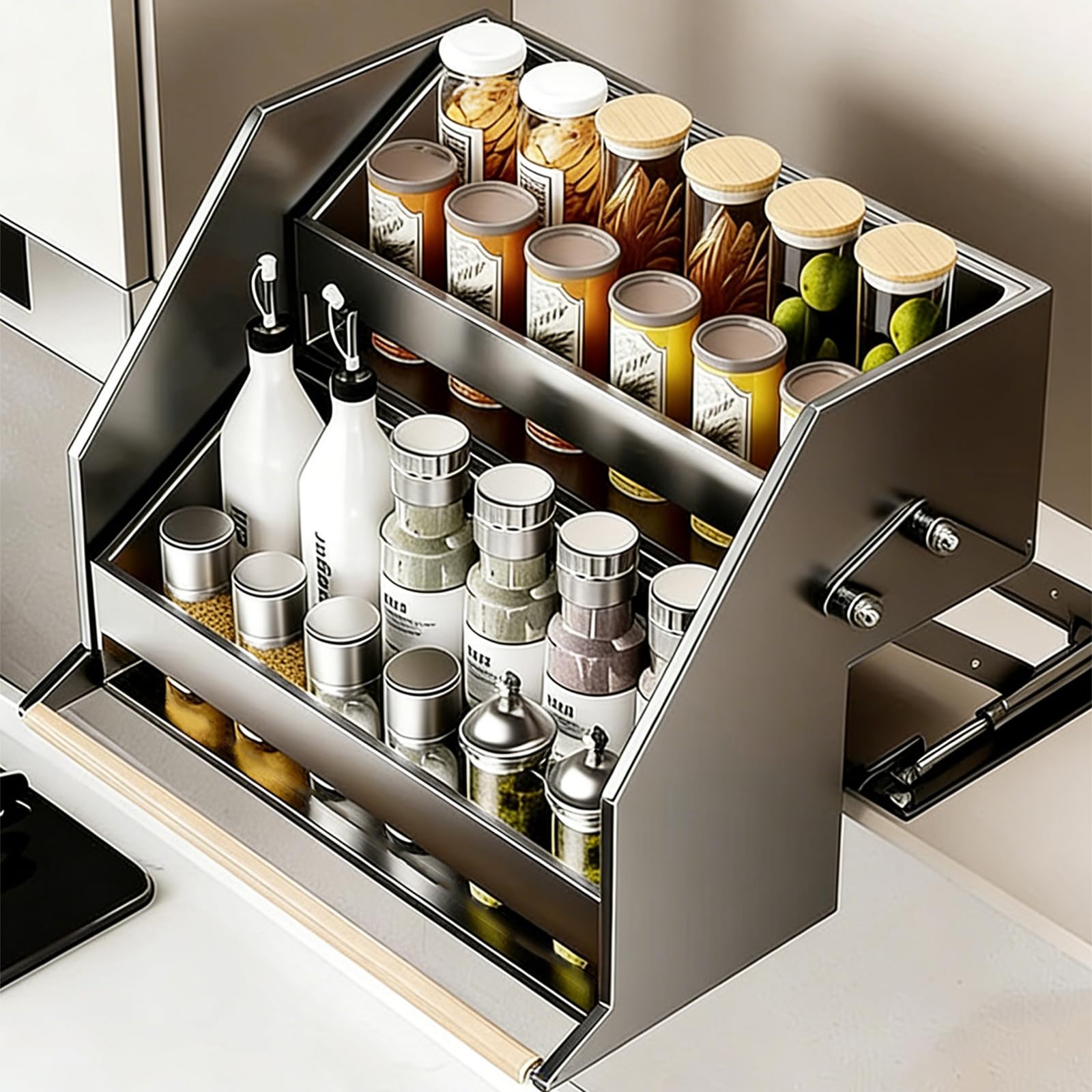 Heavy Duty 2 Tier Pull Down Regal, Grauer raumsparender Schrank-Organizer mit Dämpfung, abnehmbare Körbe für Speisekammer Lagerung, einfache Installation Faltbares Design
