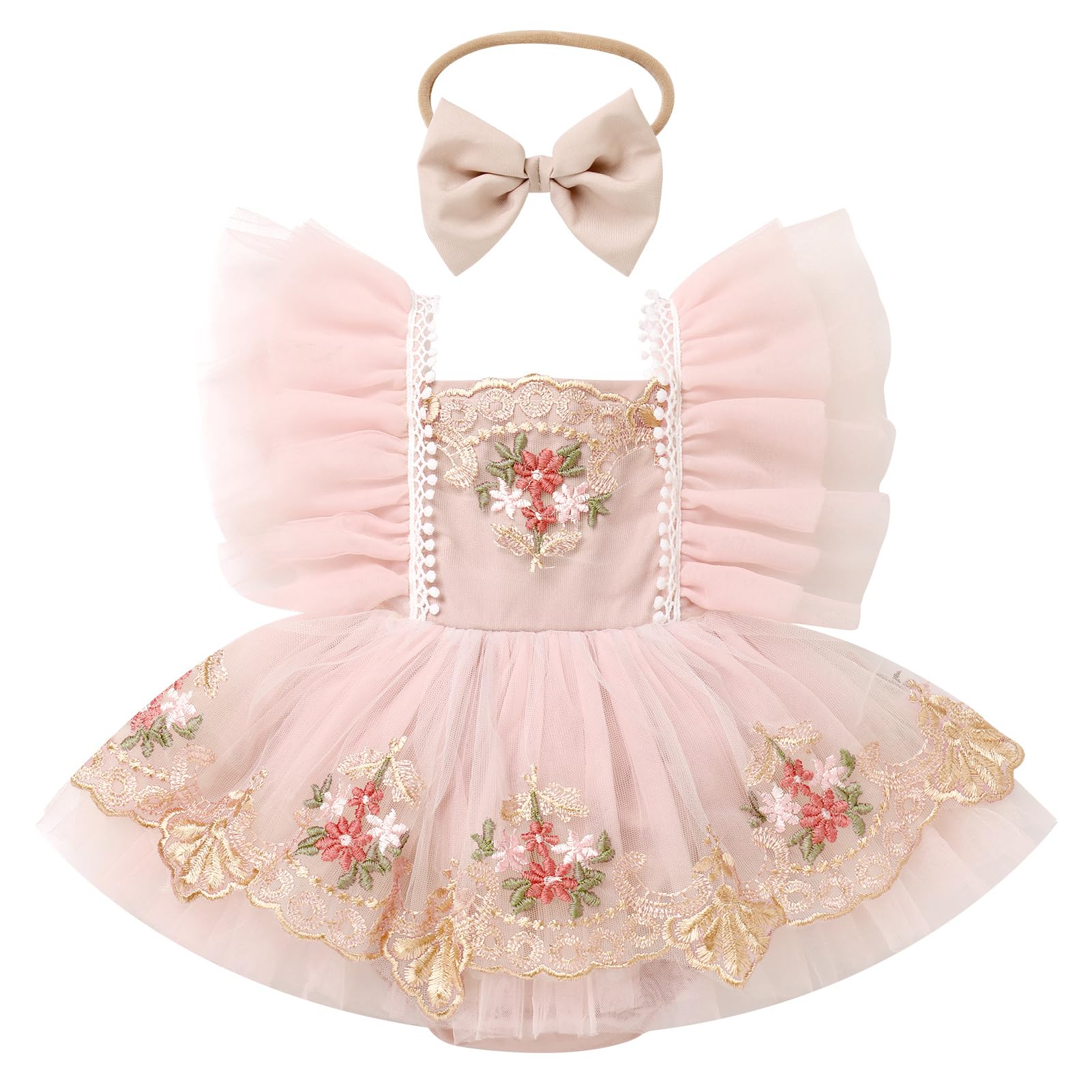 ODASDO Baby Girls First Birthday Party Dress Newborn Tulle Tutu Romper Floral Embroidery Bodysuit Cake Smash Outfit