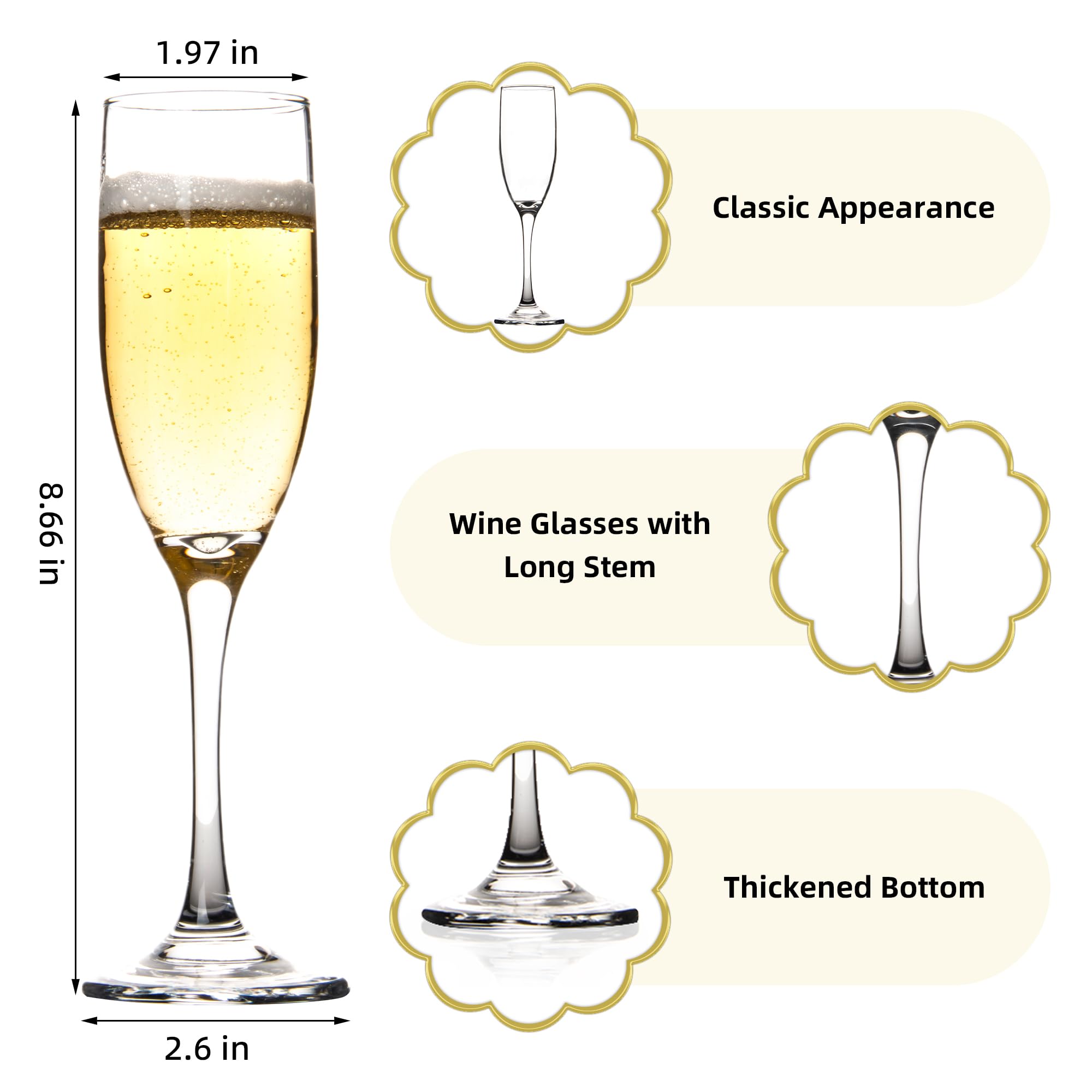 Lot de 6 flûtes à champagne classiques de 177 ml, flûtes à champagne à pied, verres à vin pétillant pour fête, mariage et maison, transparent