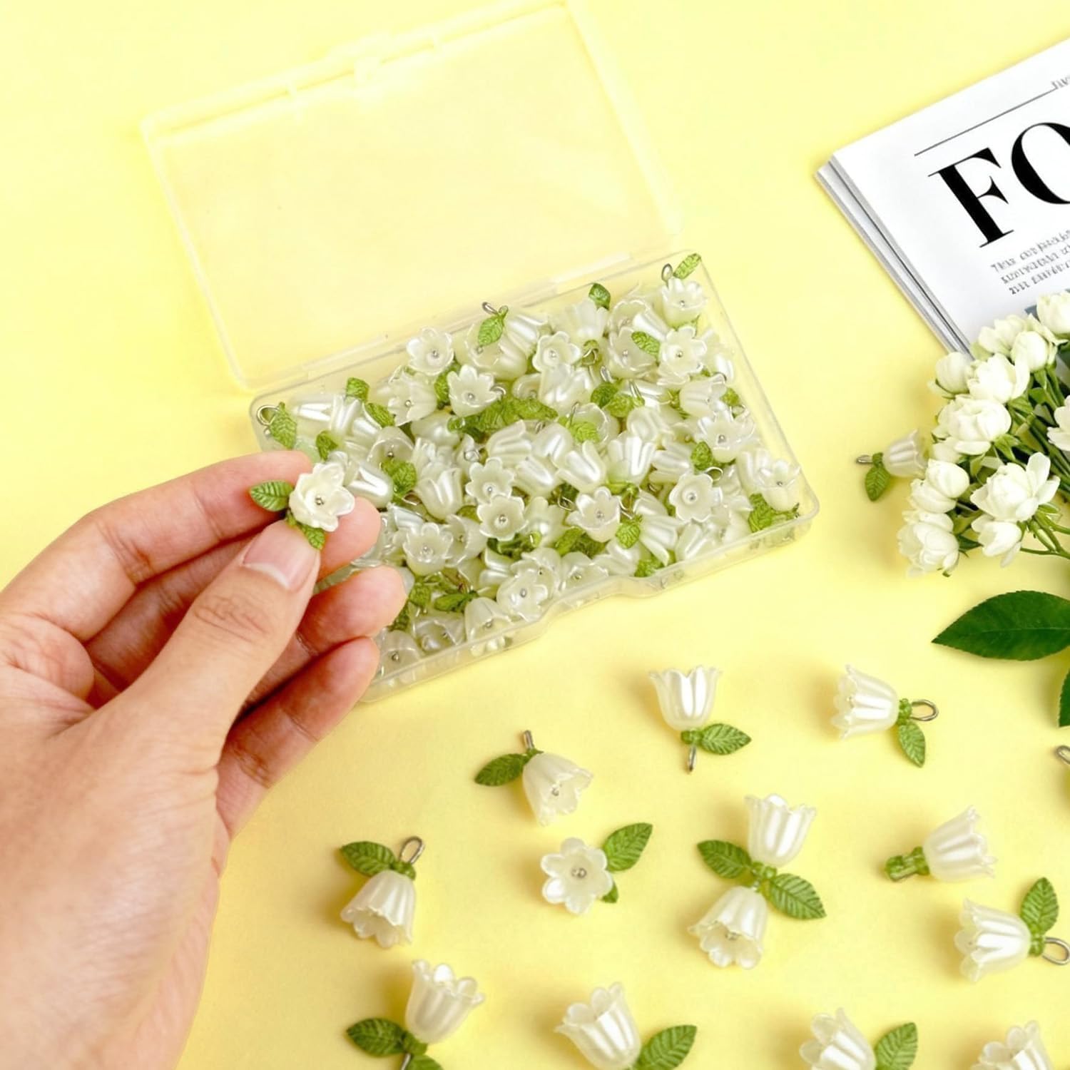 1 Box 100 Pcs White Lily Flower Acrylic Charms Spring Floral with Bell Leaves for DIY Jewelry Making Bracelets Pendants Necklaces Earring Craft Supplies - Image 3