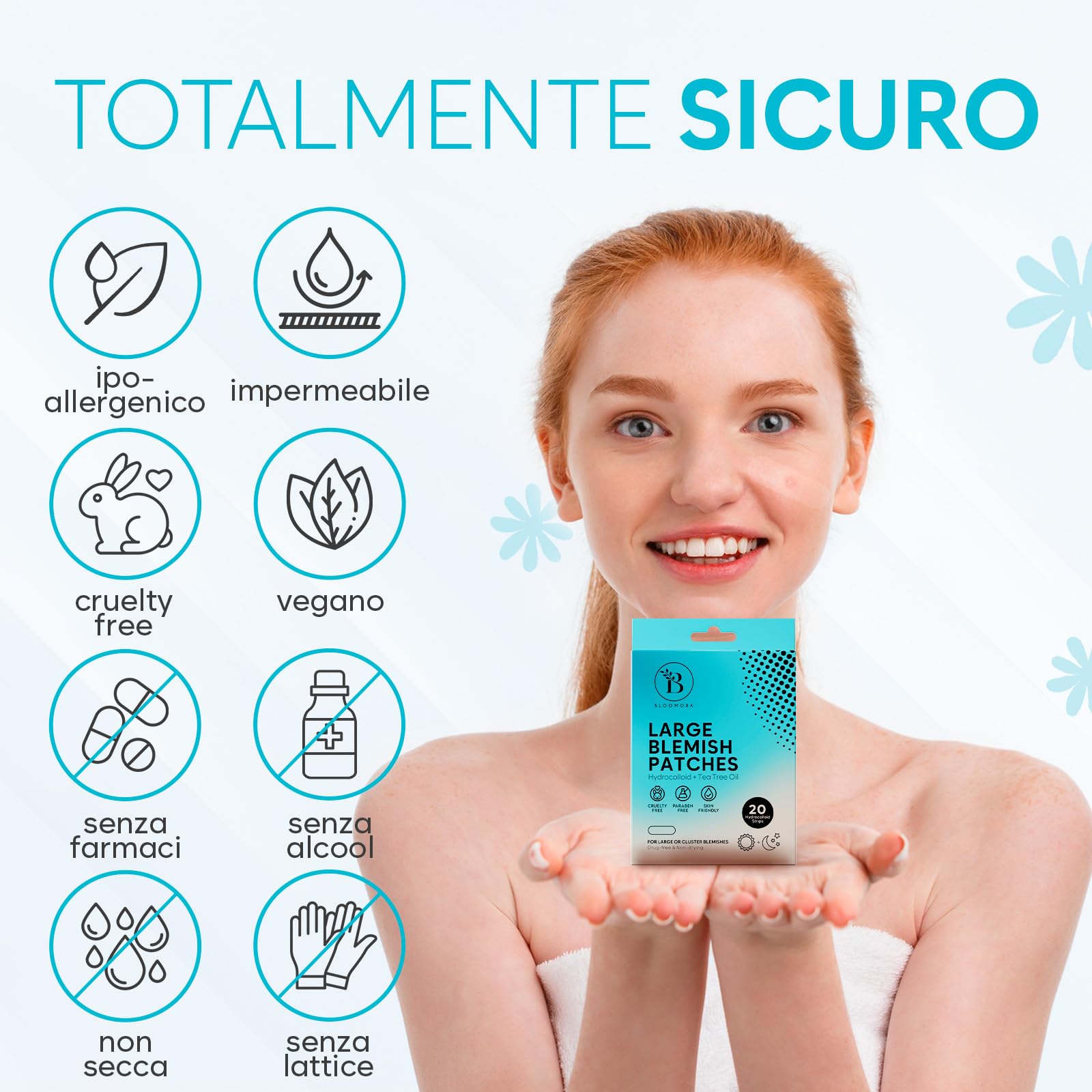 BLOOMORA Patch Brufoli Grandi – Hydrocolloid Pimple Patch con Olio di Tea Tree, Cerotti Brufoli per Viso e Corpo, Ideale per Aree Estese (40 Pezzi)