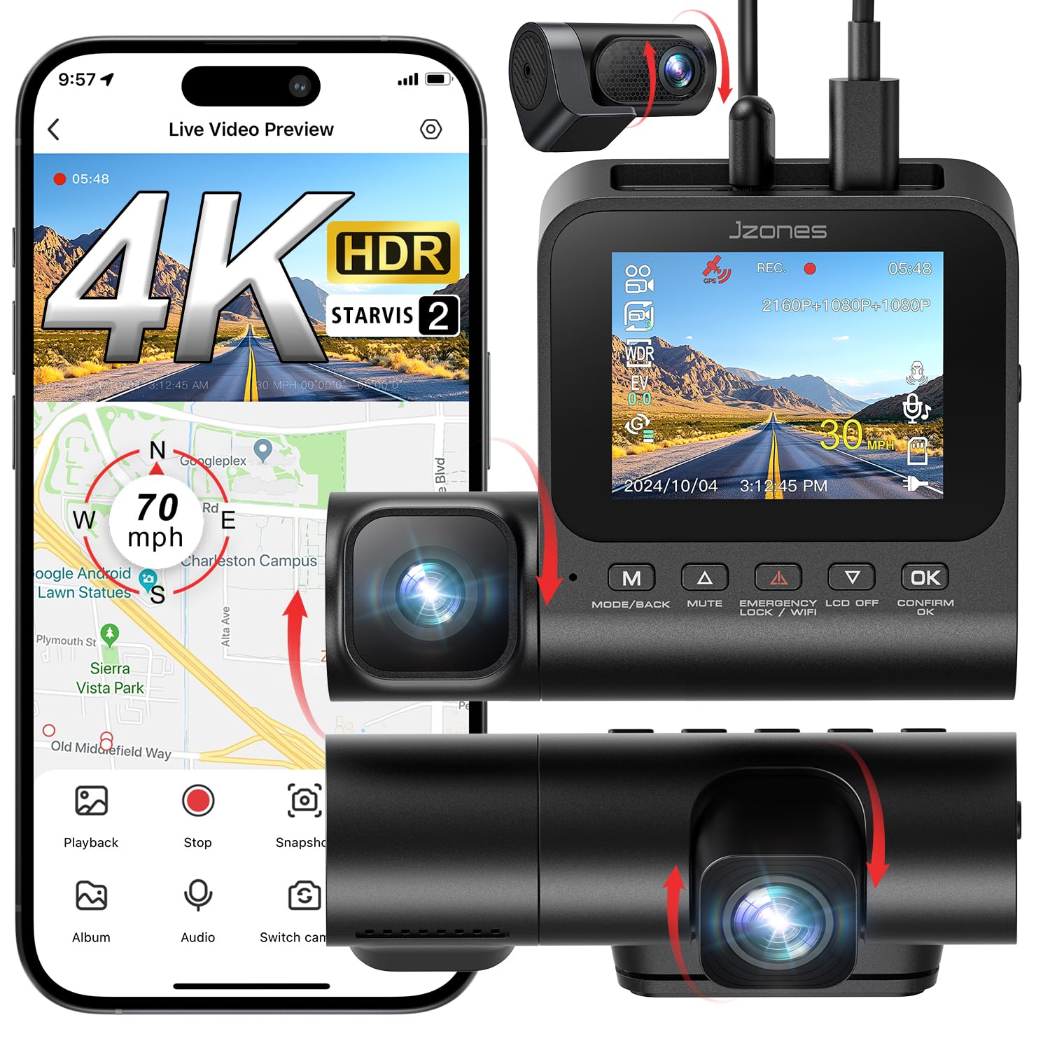 3 Channel 4K Dash Cam, Dash Camera for Cars with STARVIS 2 HDR Night Vision, 4K+1080P+1080P Front Inside and Rear Triple Car Camera, GPS, 24H Parking Mode, Free 64GB Card