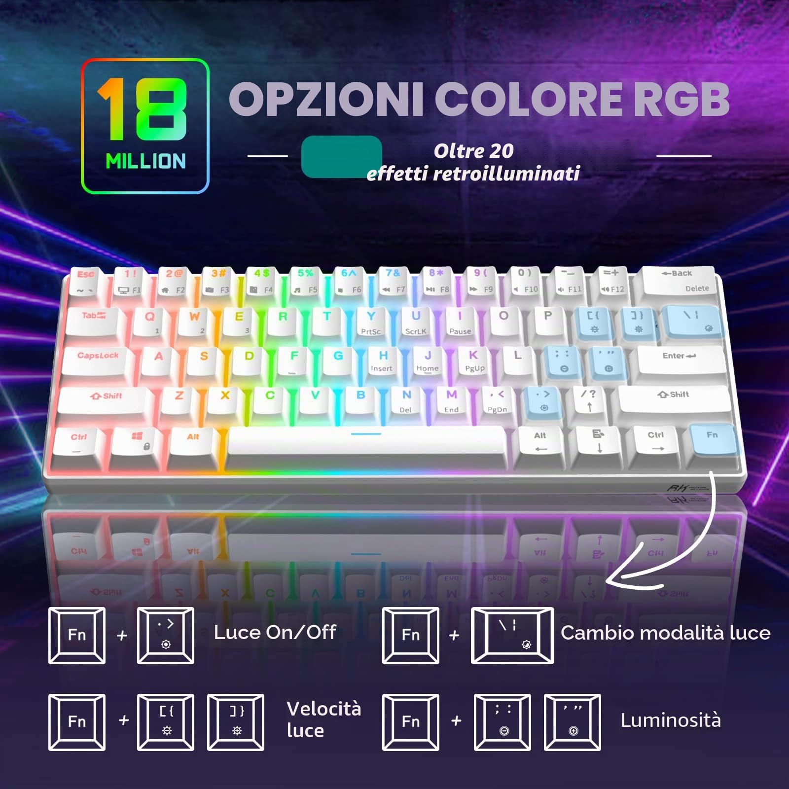 RK ROYAL KLUDGE RK61 QMK/VIA Tastiera Meccanica Al 60%, Tastiera Da Gioco Cablata Programmabile A 61 Tasti Retroilluminazione RGB Layout USA Sostituibile A Caldo (Interruttore Rosso, Bianco)
