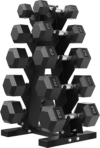 Miniatura 14 de Juego de mancuernas hexagonales con estante, mancuernas de goma de 150 a 400 libras para entrenamiento de fuerza, ejercicio y fitness, juego de