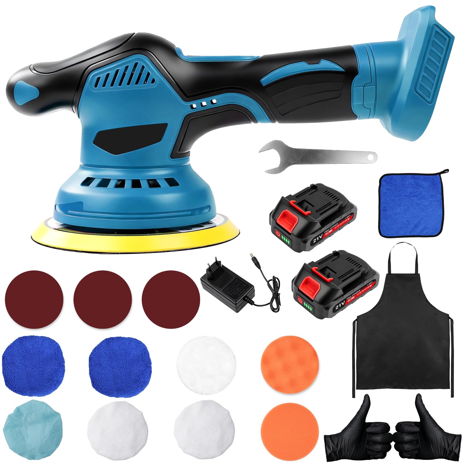 Pulidora para coche, 21 V, 8 velocidades, pantalla digital, 6 pulgadas, 150 mm, 580 W, máquina pulidora para coche, batería excéntrica, dos baterías, un cargador, pintura de coche, moto, muebles