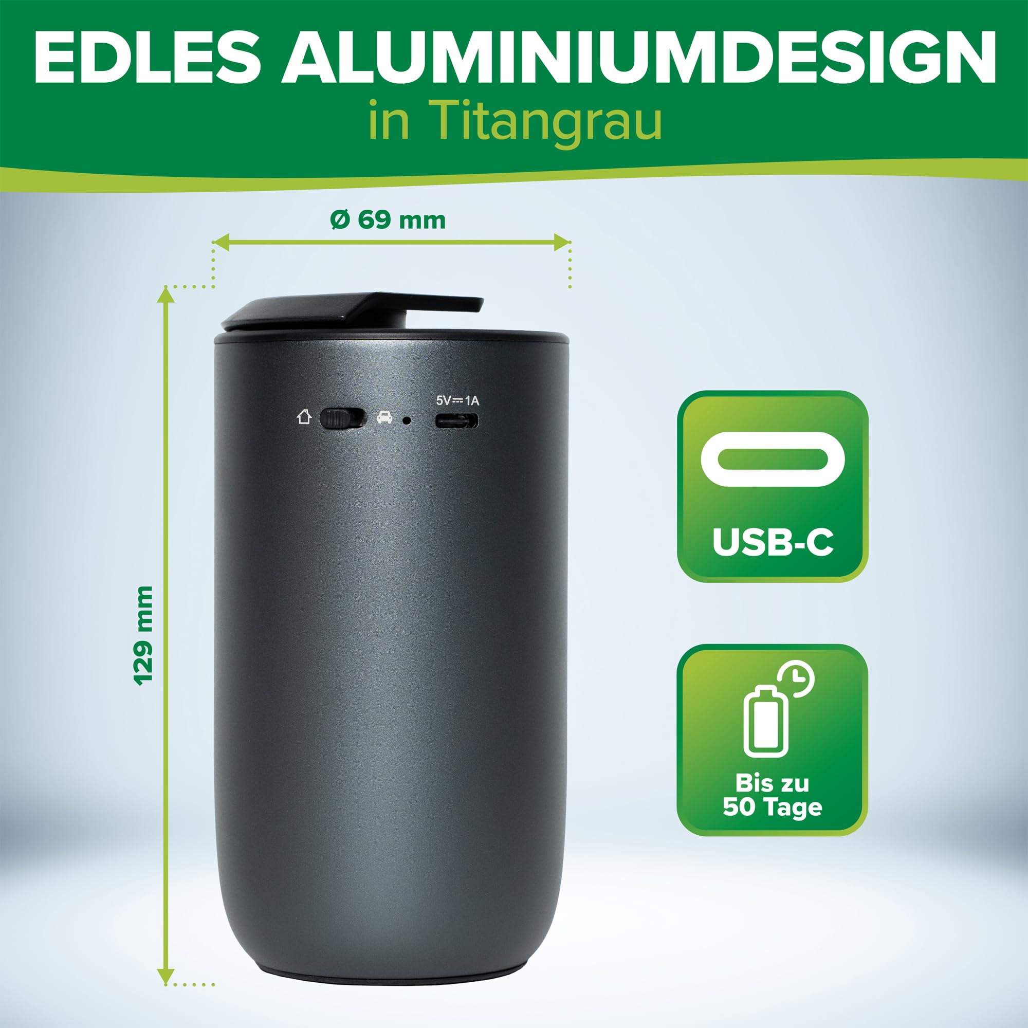 Inline Aroma Diffuser für Auto & Zuhause, wasserlos, mit Ambientelicht, Akku, Aluminiumgehäuse, titangrau, für ätherische Öle, Lufterfrischer, 40141, Anthrazit