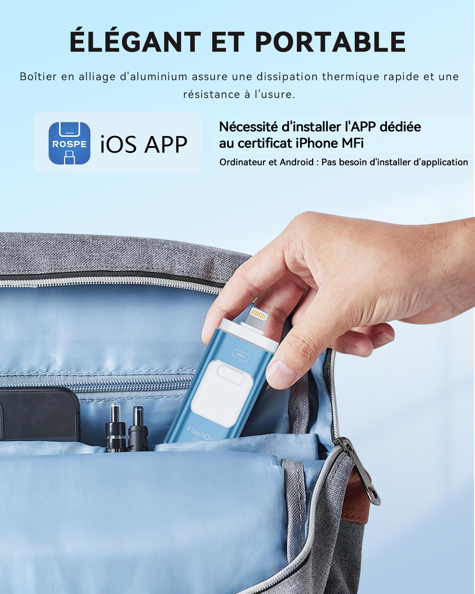 ROSPE Cle USB iPhone, Clé USB C 128 Go Apple MFI Certifié, 3 en 1 Cle USB pour iPhone/iPad/Type C/Android/PC, Stockage Externe Haute Vitesse Clef Transfert Photos, Vidéos, Films(Bleu clair)