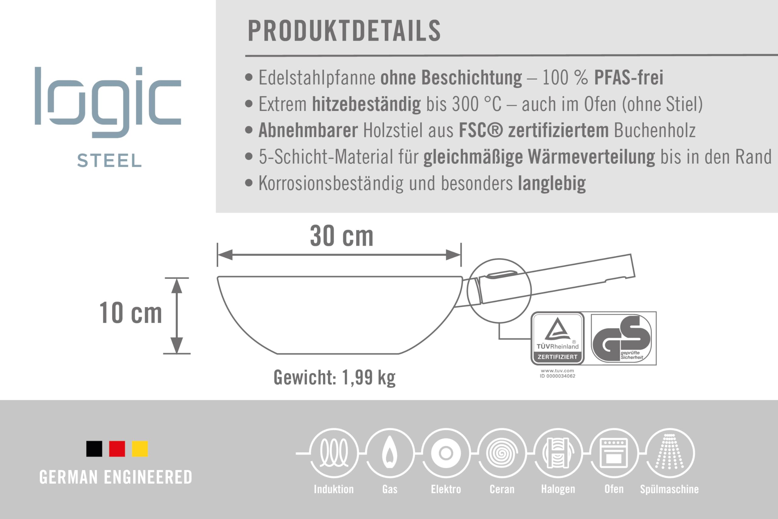Woll – Logic Steel Wok- und Rührpfanne Ø 30 cm, 10 cm hoch – Edelstahl Wok Induktion, PFAS-frei – mit abnehmbarem Holzstiel – für alle Herdarten, robust & langlebig