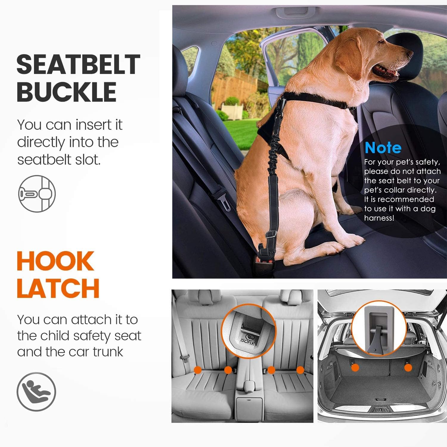 2 Pack Black Dog Seat Belt, Adjustable Dog Car Safety Belt with Reflective Bungee, Rotatable Carabiner, Suitable for Medium to Large Dogs Up to 150 lbs - image 7