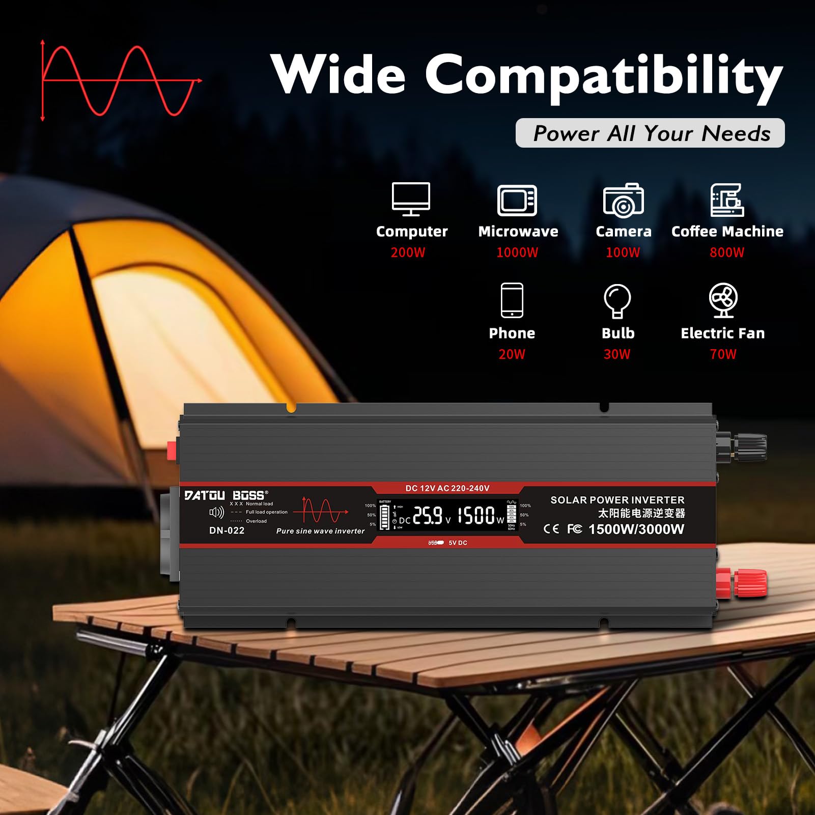 DATOUBOSS Przetwornica napięcia 24 V na 230 V, czysta sinusoidalna 1500 W/3000 W, z wyświetlaczem LCD, portami USB i gniazdami UE do domów, przyczep kempingowych