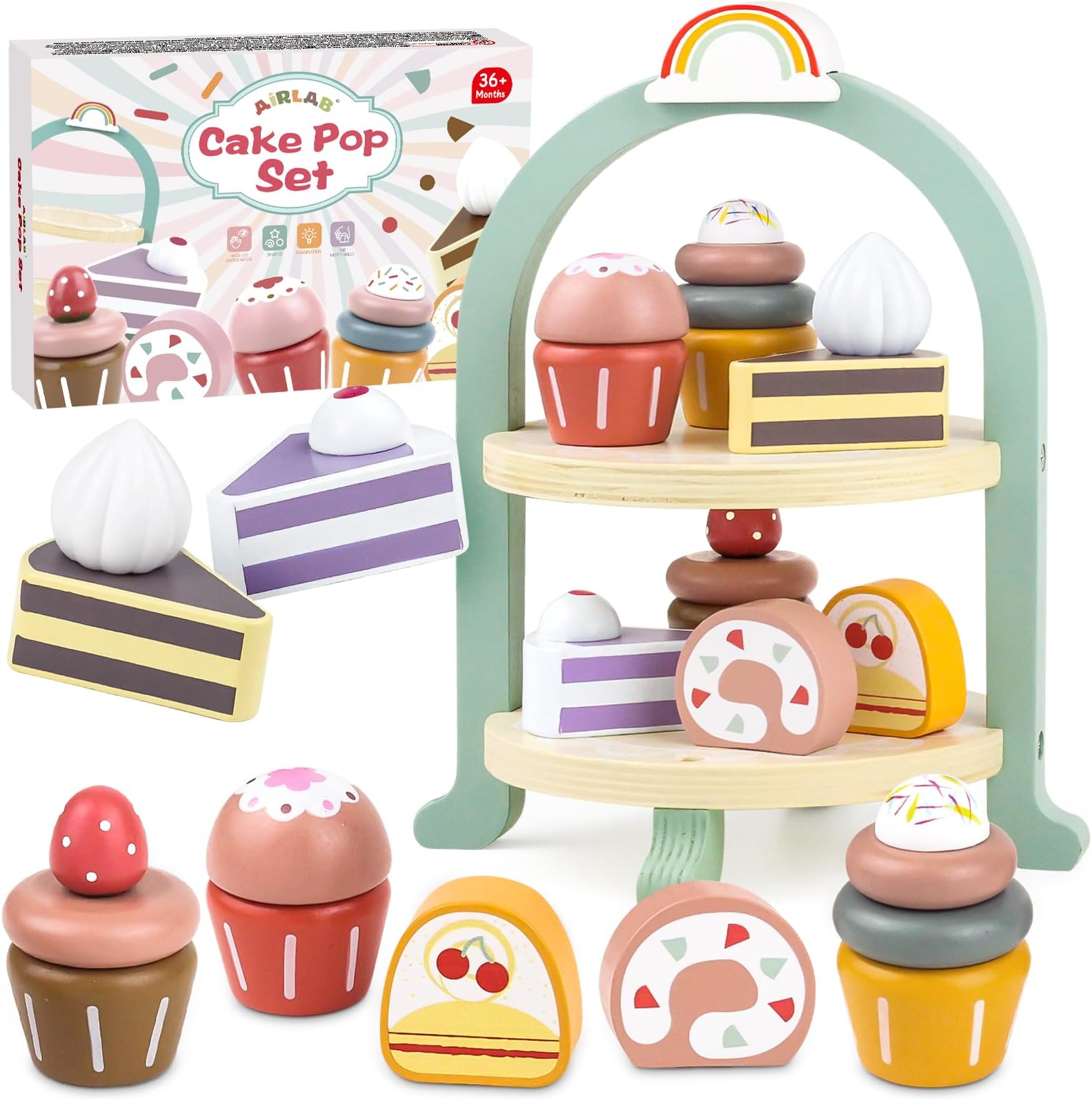 Airlab Wooden Kitchen Toys for Kid, Wooden Cake Dessert Set with Cupcakes and Cake Stand, Play Food for Children Kitchen Accessories, Afternoon Tea Party for Toddlers Role Play Picnic Toy for Girl Boy