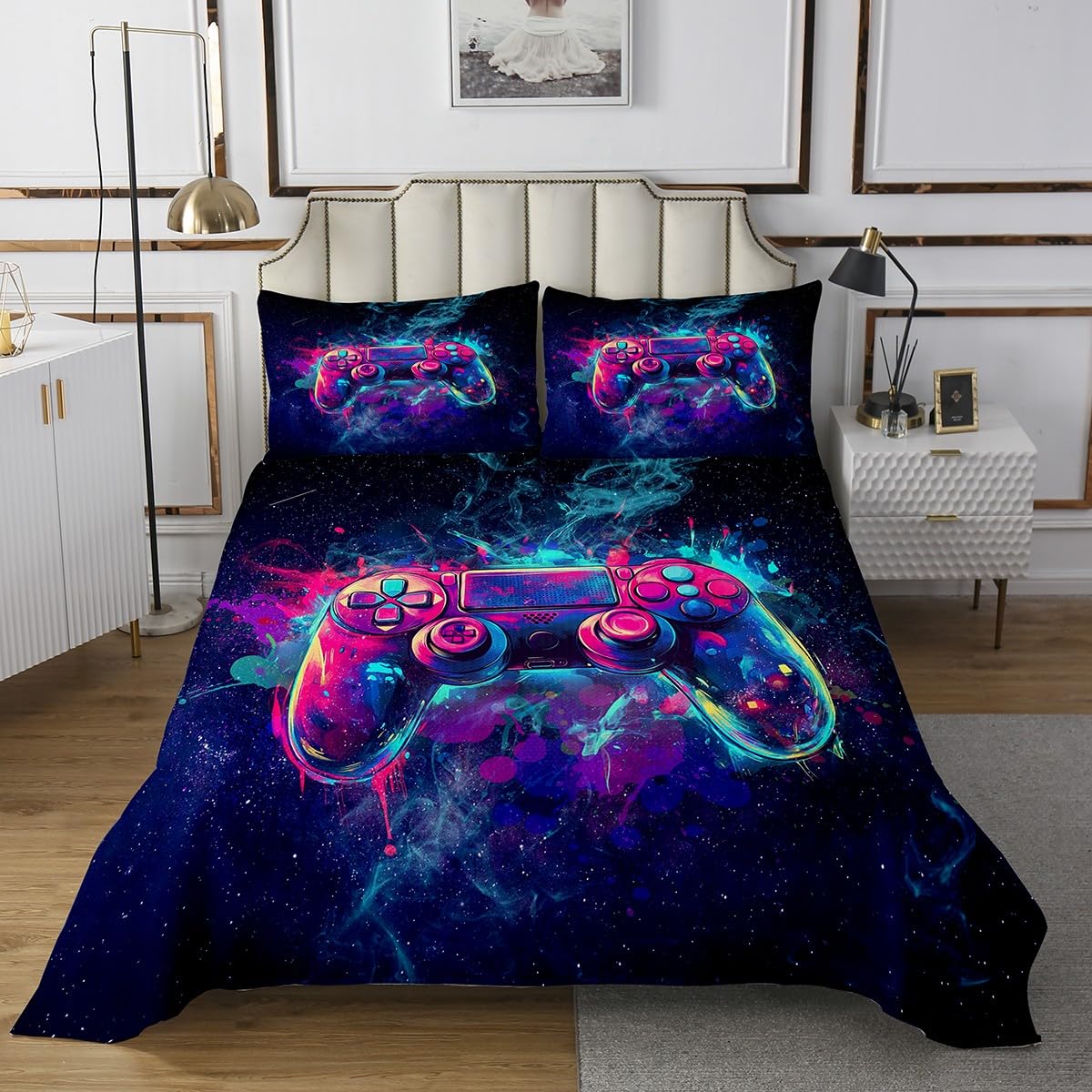 jejeloiu Boys Girls Gamer Bedspread Queen Size, Hippie Graffiti Gaming Coverlet Set Modern Game Quilted Coverlet Kids Teens Bedroom Decor 3Pcs