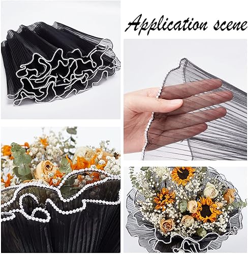 Miniatura 4 de BENECREAT Papel de malla de envoltura de flores negras, papel de embalaje de ramo de perlas, papel de embalaje arrugado translúcido para decoración