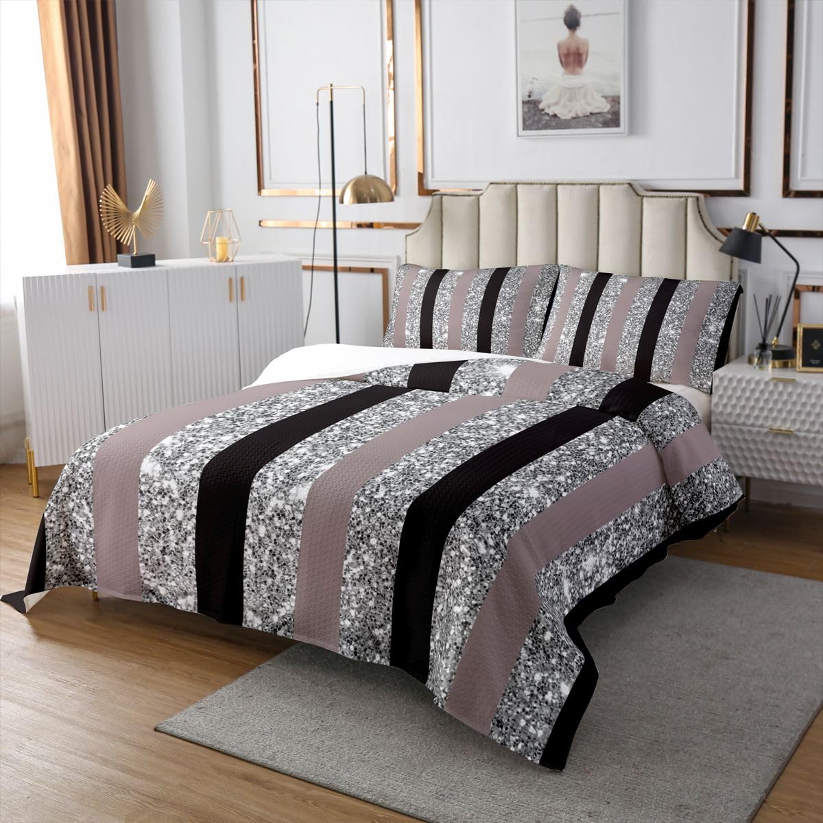 Loussiesd Set copriletto matrimoniale grigio nero a righe glitterate per tutte le stagioni con 2 federe geometriche in microfibra leggero e moderno a righe