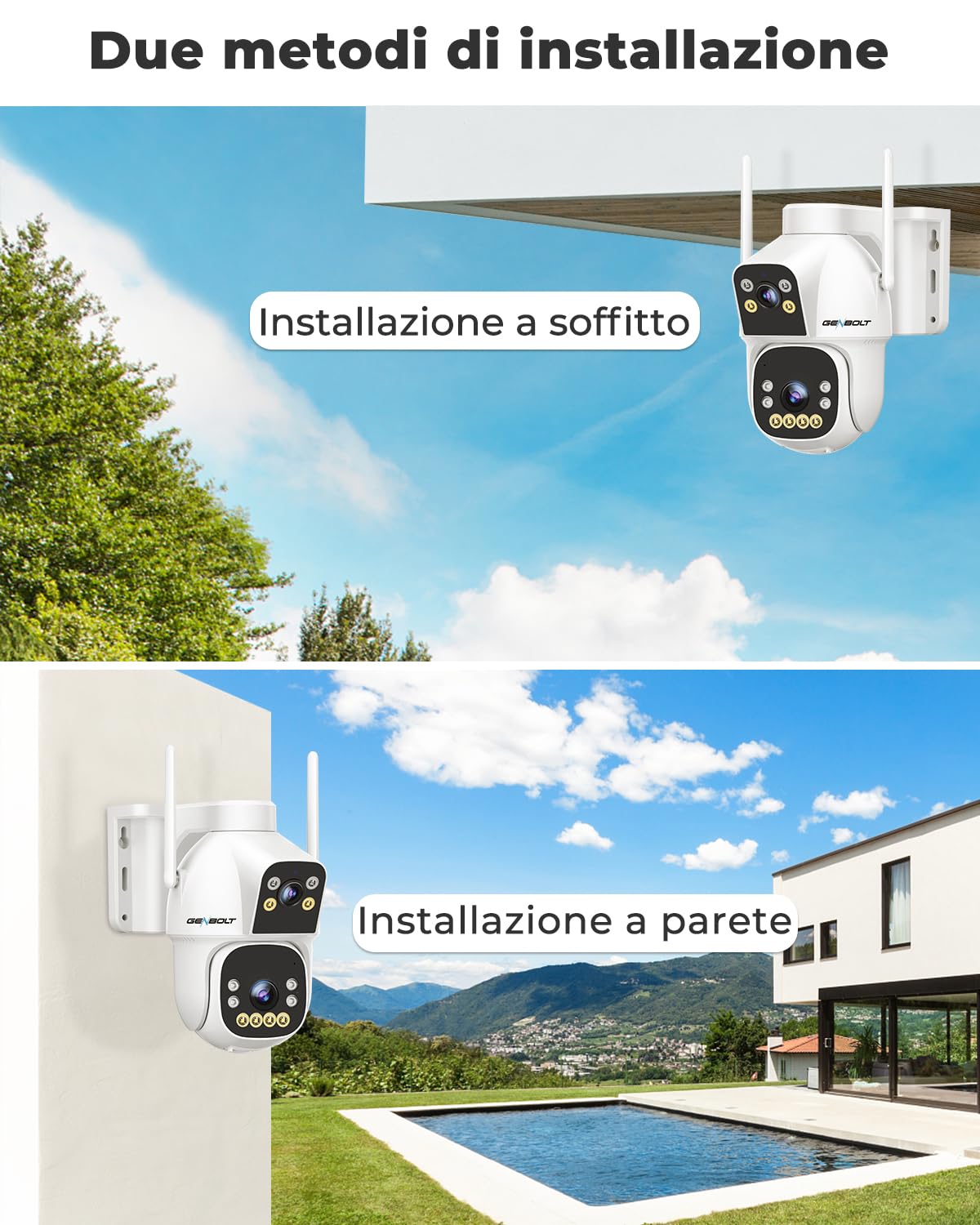 GENBOLT 2.5K AOV Solare Telecamera Wi-Fi Esterno Senza Fili di Sicurezza Esterni, Registrazione 7/24 3MP+3MP IP Videocamera Sorveglianza con Rilevamento AI, CCTV Camera Batteria 8W 15600mAh 2.4&5GHz