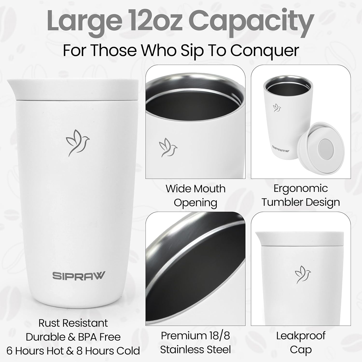 Travel Coffee Mug Tumbler, Reusable Iced Coffee Hot Coffee Cup, Double Wall Insulated Thermal Stainless Steel, Hot and Cold Tumbler for Coffee Lovers, Gift for Women Men, 12 oz, White smoke - Image 4