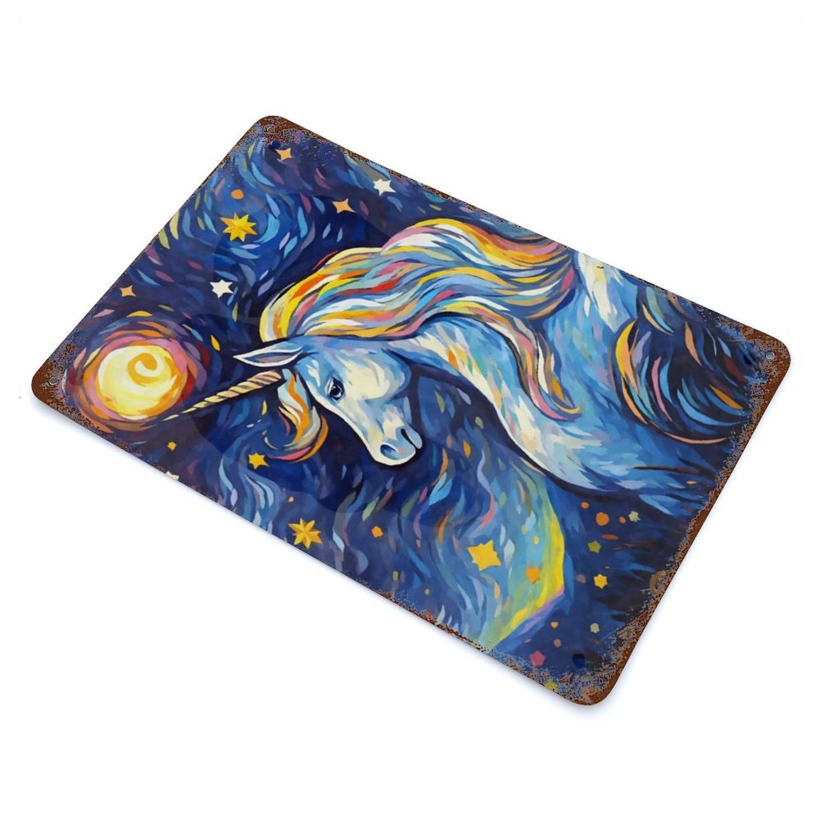 Garage Style Cute Starry Night Unicorn Rusty Metal Tin Sign 11.8"x7.9", Shabby Chic Decor for Bar And Workshop