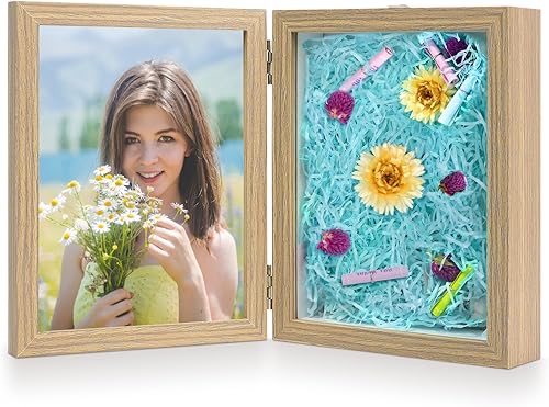 Miniatura 9 de ZEEYUAN Marco de fotos de 4 x 6 pulgadas, doble marco con bisagras y vitrina de sombra, marco de fotos plegable de 4 x 6 pulgadas, rústico con