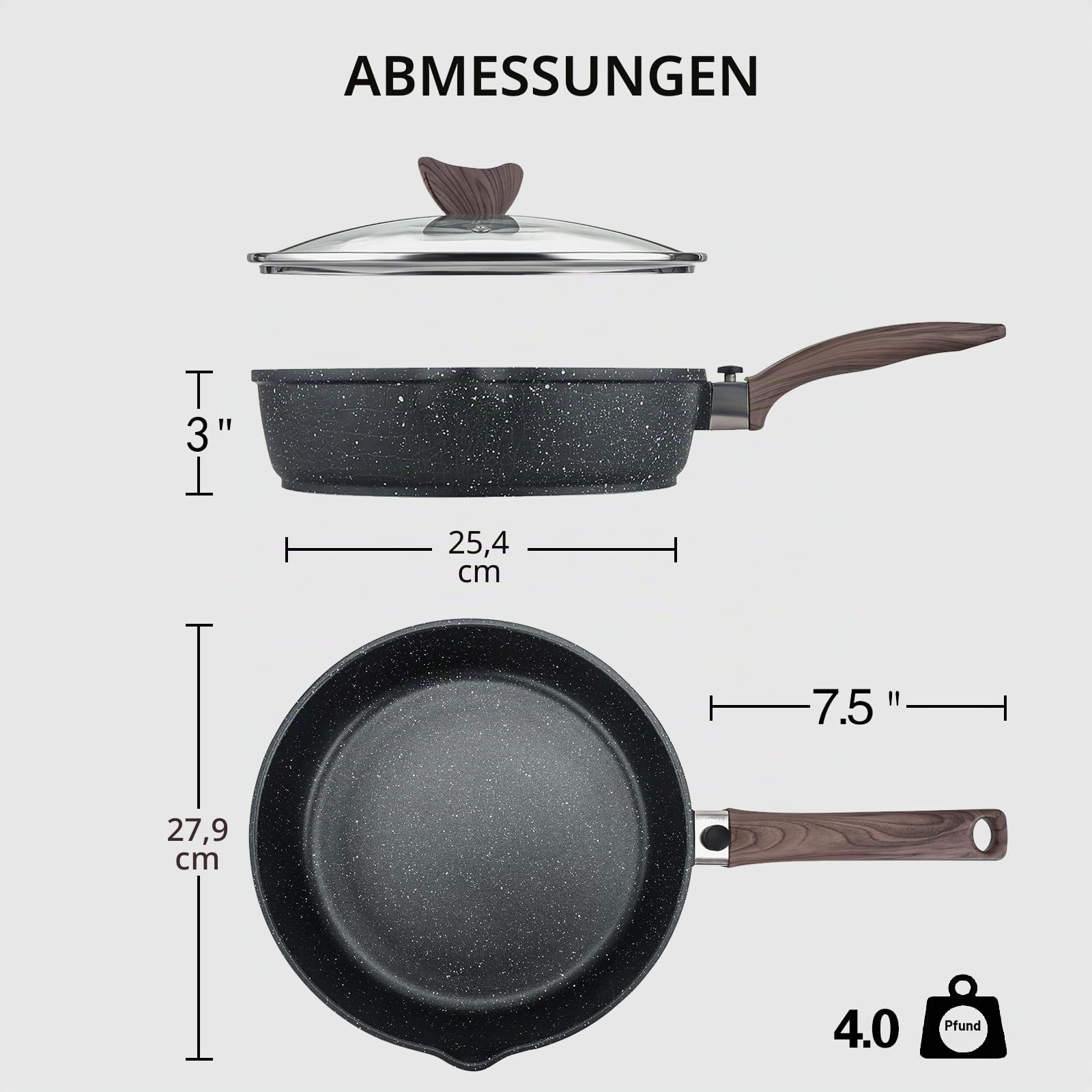 Kordisen Antihaft-Bratpfanne mit Deckel, 28 cm Induktion Sautepfanne mit Abnehmbarem Holzgriff, Granitsteinbeschichtung zum Kochen, Kompatibel für alle Herdarten, PFOA-frei