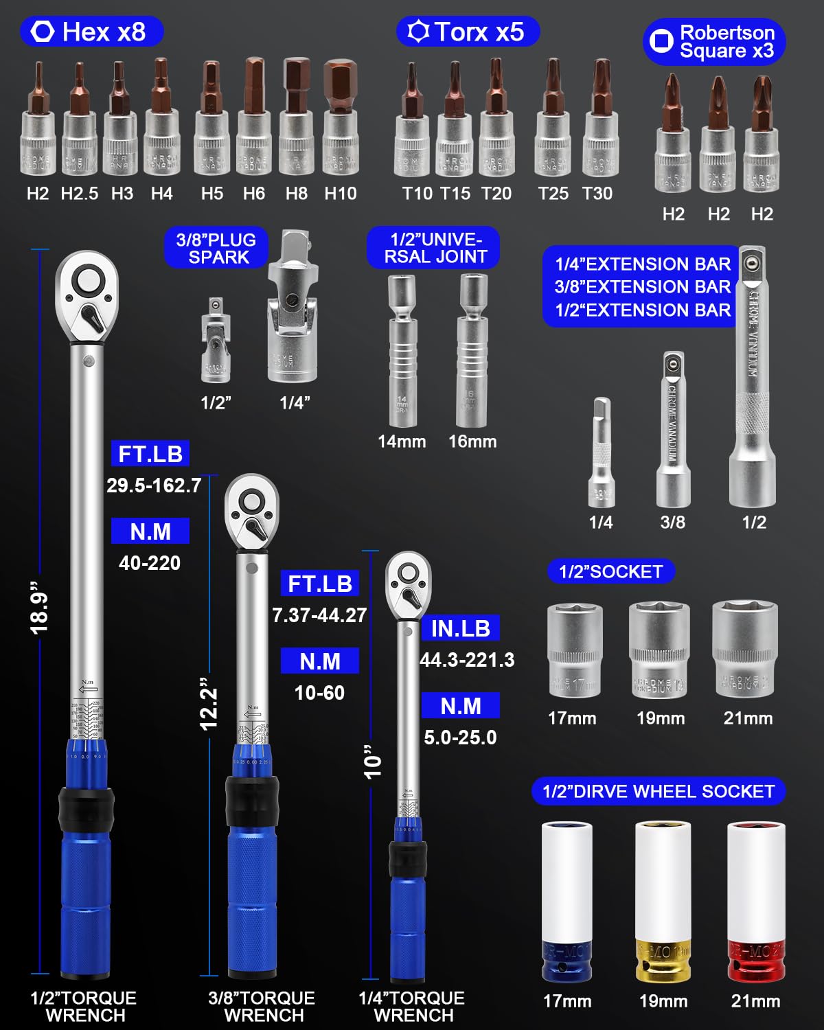 32Pcs Torque Wrench Set, 1/4 3/8 1/2-inch Drive Torque Wrench with Hex, Torx, Sockets, Extension Bar, Spark Plug Socket for Bike, Motorcycle, Car Spark (Blue Handle)