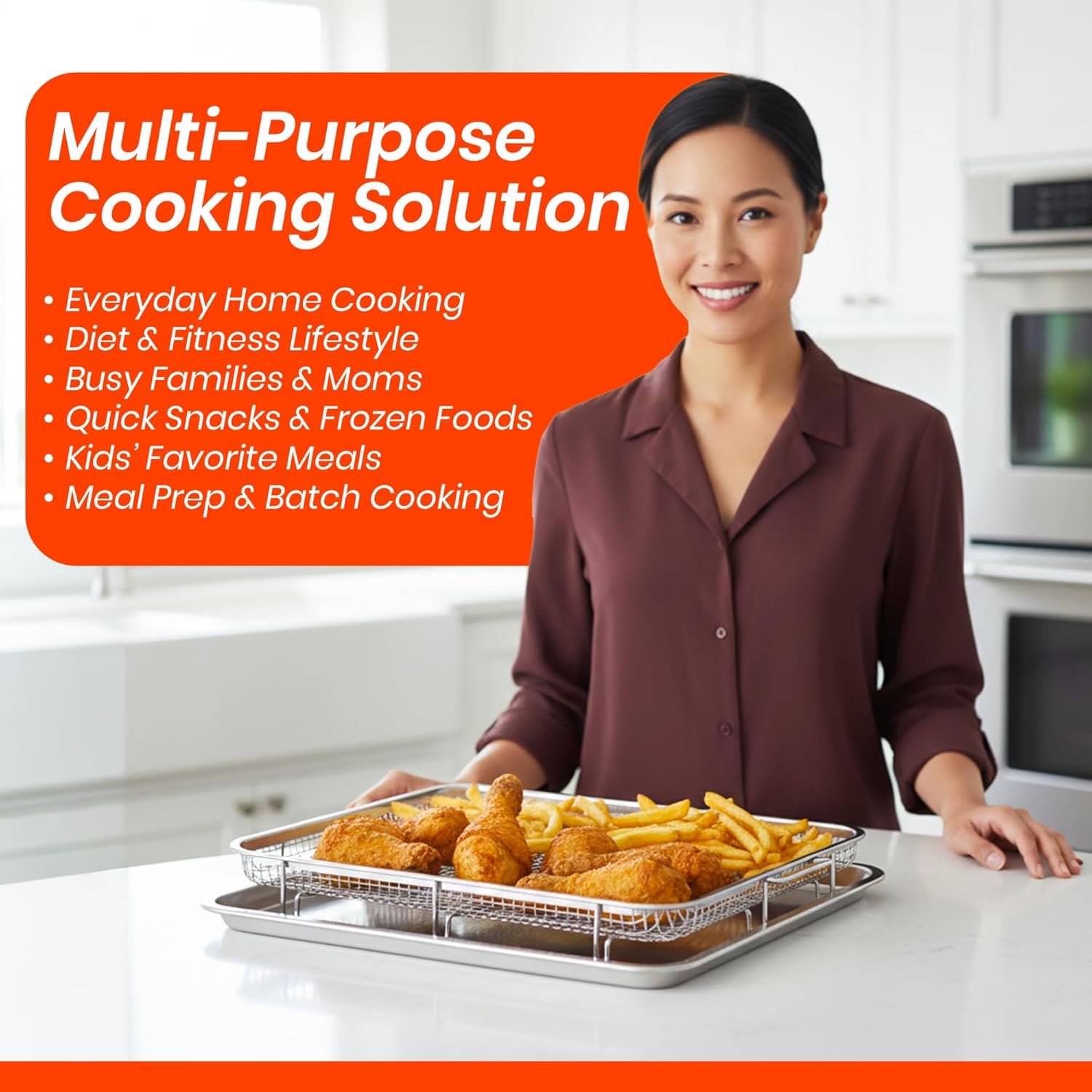 Air Fryer Basket & Tray Set, Extra Large 18.8" x 11.2" Oven Air Fryer Pan and Crisper Set, Stainless Steel Oven Air Fryer Basket and Tray for Baking Grilling, Nonstick Crisper Tray & Basket (Silver)