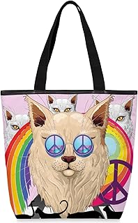 Sacolas de lona com zíper e bolso interno, bolsa de ombro casual feminina bolsa de mão sinal de paz de gato arco-íris, bolsas de compras reutilizáveis para cozinha, sacolas de lona para uso para livros, sacolas de compras, sacolas de presente, Multicor