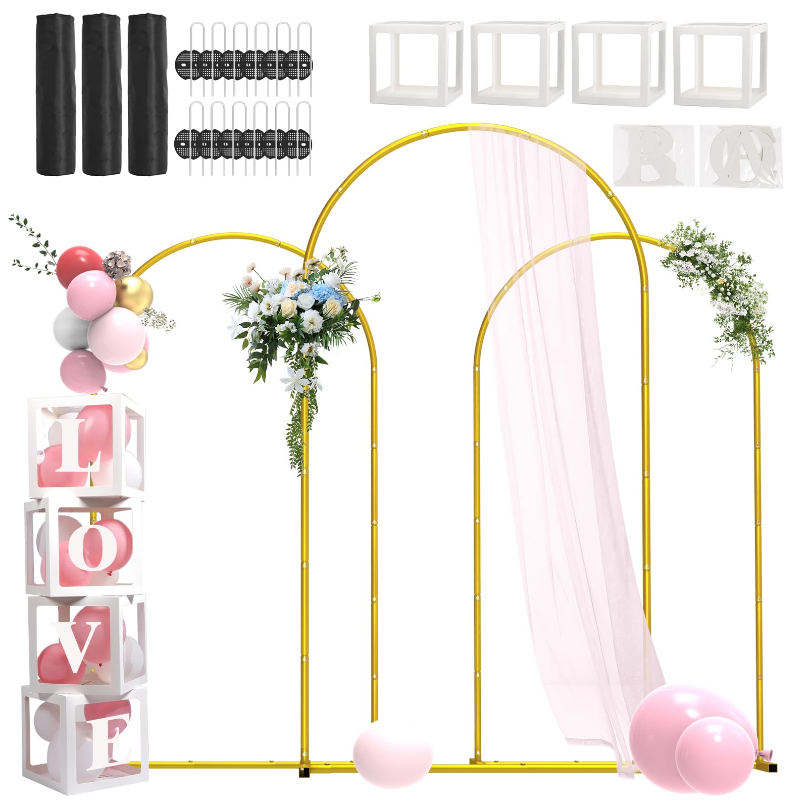 Metal Arch Backdrop Stand ,Set of 3 (7.2 ft/6.6 ft/6 ft) Square Wedding Arch Frame ?Gold Balloon Arch Stand for Wedding/ Birthday Party/ Baby Shower/ Graduation Ceremony Banquet Decoration