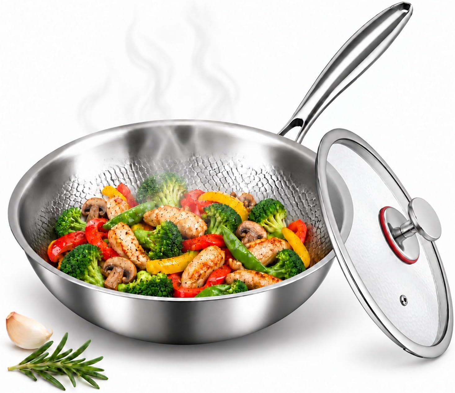 Toutrop Titanium Wok with Lid, Titanium Wok Pan for Cooking, Non Stick Titanium Frying Pan, No Coating Titaniums Nutri Pans, PFAS/PFOA/PTFE Free, Titanium Cookware with All Cooktops