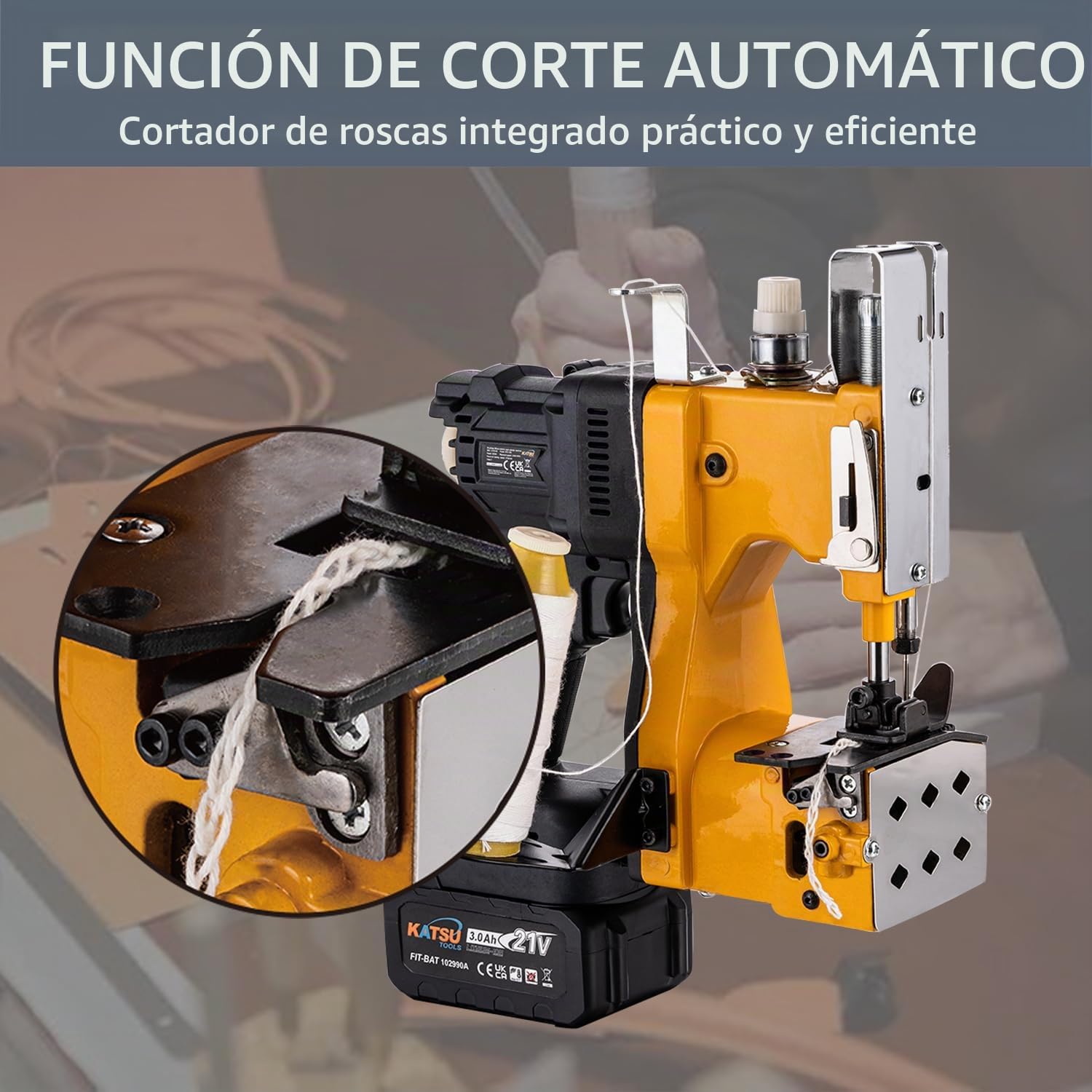 KATSU FIT-BAT Maquinas de Coser Sacos Portátil 21V Inalámbrico Máquina de Embalaje de Costura Más Cercana Bolsa con Batería de 3.0 Ah, para Coser/Sellar Bolsas Tejidas/Papel/Plástico