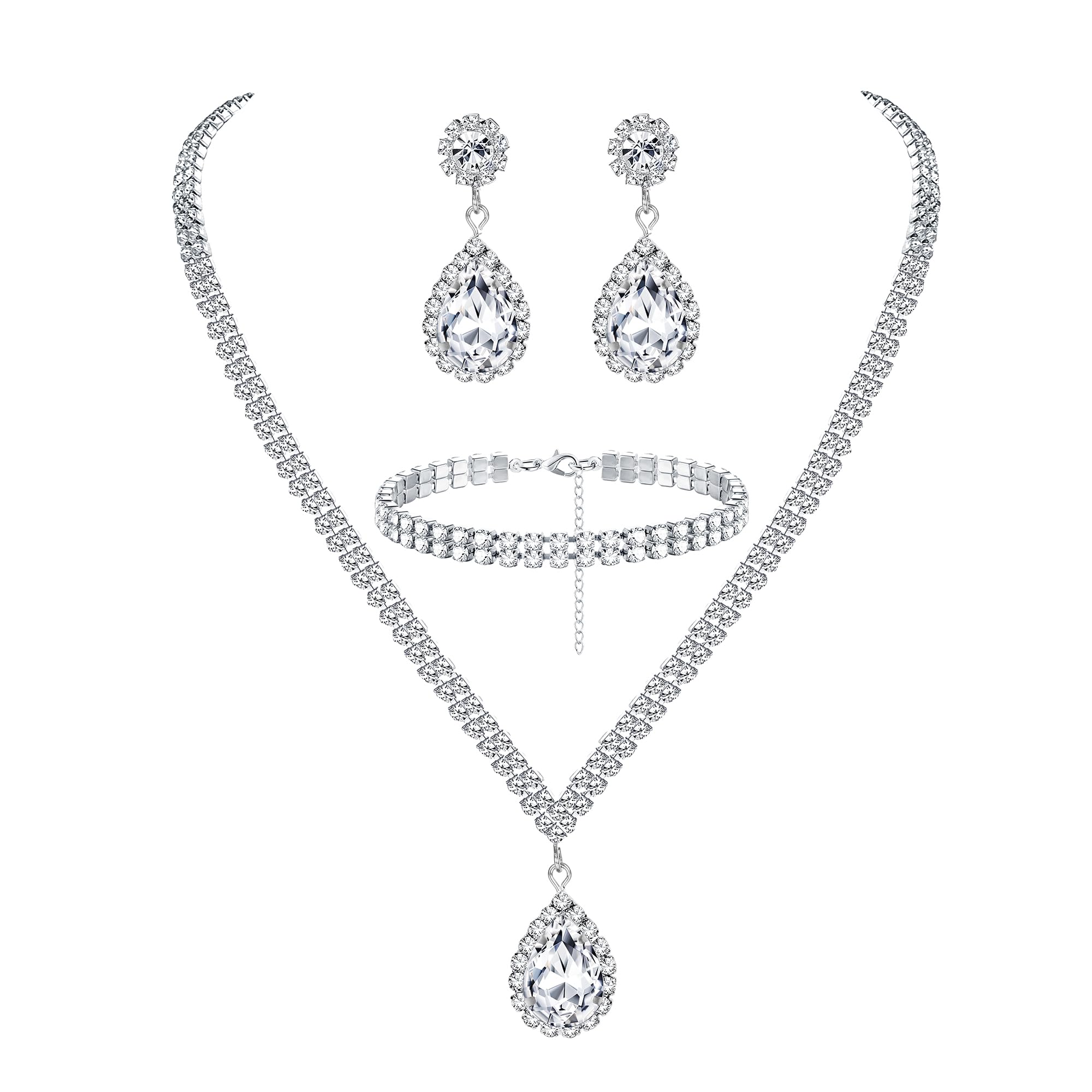 CASSIECA Conjuntos de Joyas de Boda para Mujeres Collares y Aretes de Diamantes de Imitación de Plata para Novia Juegos de Joyas