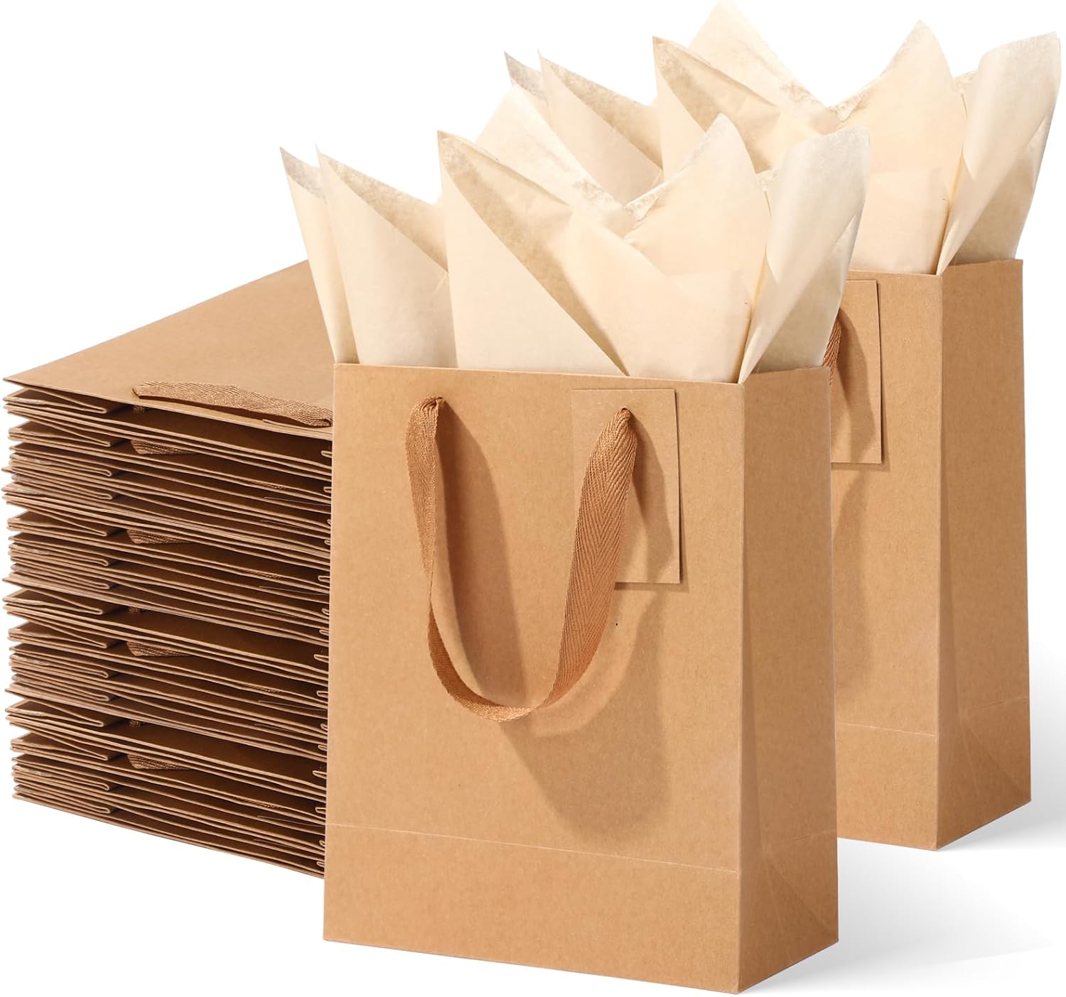Zhanmai 100 Pcs 7.9 x 3.9 x 9.8 Inch Medium Gift Bags Bulk with Tissue Paper Kraft Paper Bag with Handle Gift Tag Return Gift Bags for Birthday, Valentine's Day, Wedding Showers (Brown)