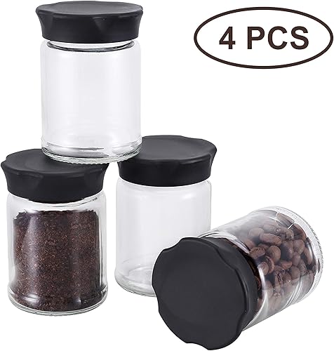 Miniatura 3 de VEVOK CHEF Mini tarros de vidrio con tapas negras, 4 piezas de almacenamiento de alimentos, recipiente de cocina, recipiente pequeño para café, té,