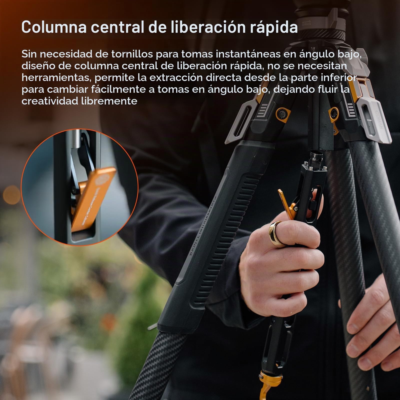 COMAN Trípode de fibra de carbono con apertura completa y un solo clic, trípode profesional para video, rótula para nivelación rápida, altura máxima de 165 cm, capacidad de carga máxima de 20 kg (T1S)