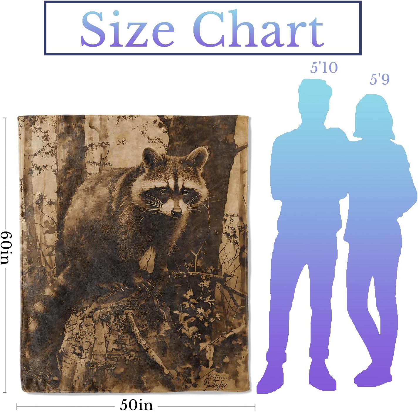 Vintage Raccoon Flannel Throw Blanket 60x80 Inch, Rustic Forest Wildlife Blankets Soft Cozy Fleece Throws for Animal Lover Bed Sofa Dorm Living Room Retro Woodland Home Decor Gifts