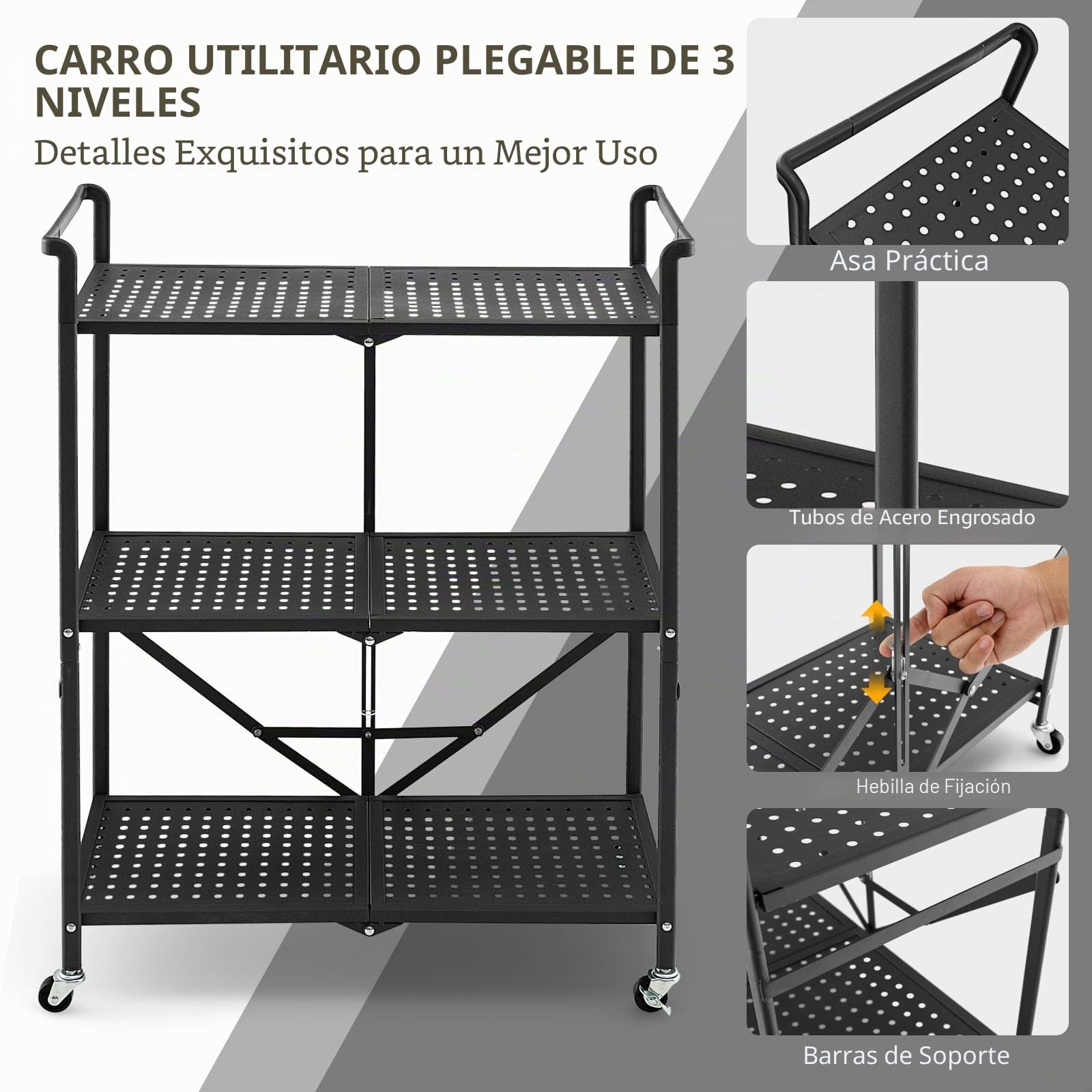 GOPLUS - Carro plegable con ruedas de 3 niveles, con asa práctica, ahorro de espacio para garaje, cocina, hogar, oficina y almacén