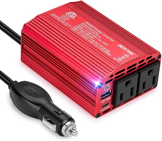BESTEK 300W Power Inverter - DC 12V to 110V AC Converter, Fast Car Charger Adapter with 30W USB-C/18W Quick Charge/Dual 110V AC Car Plug Outlet for Laptop