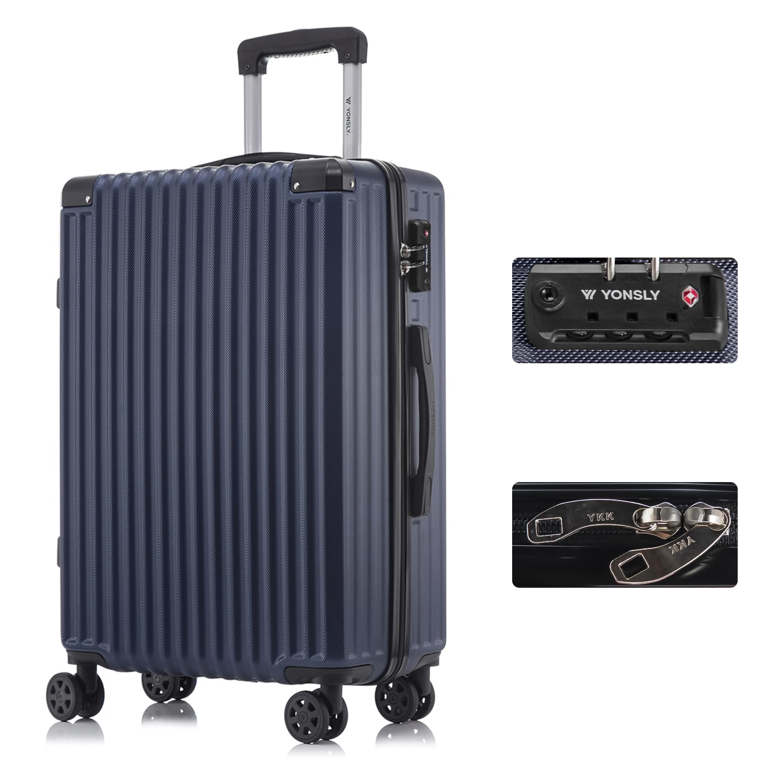 YONSLY Premium Reisekoffer TSA-Schloss,YKK-Reißverschluss Hartschalen-Koffer Trolley Rollkoffer Suitcase Handgepäck 4 Rollen (Dunkelblau, L)
