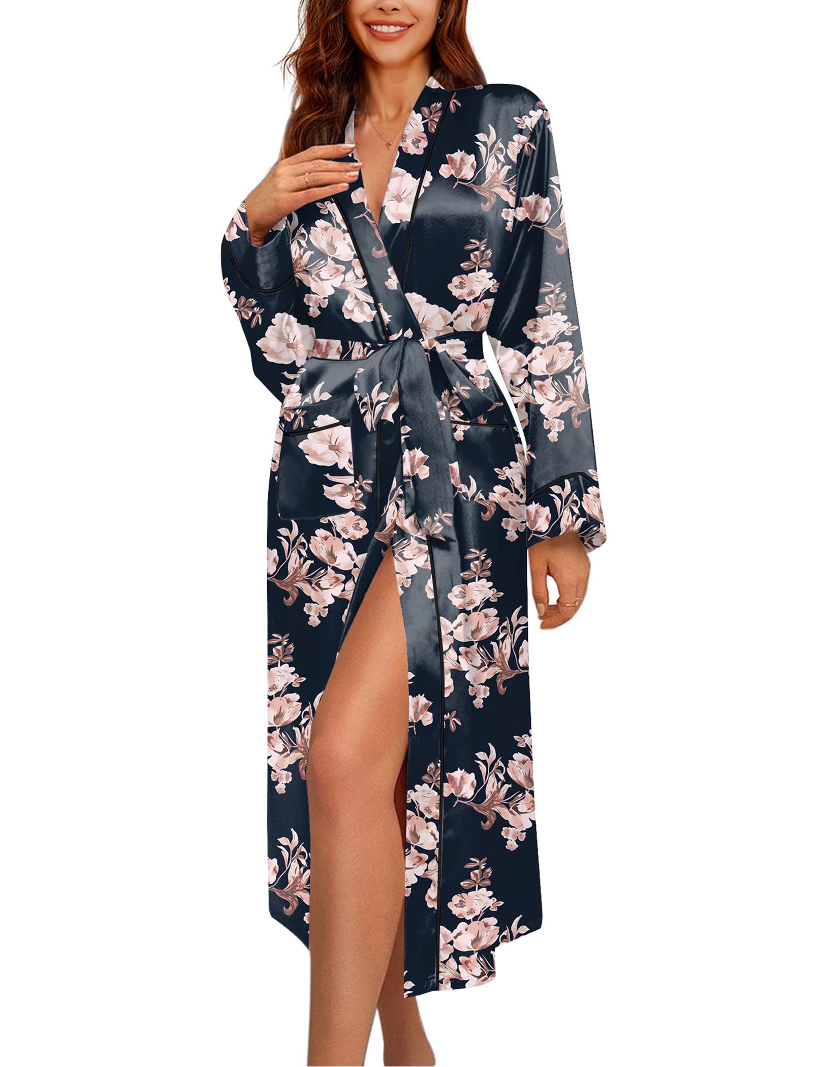 Ekouaer Satin Robes for Women Long Sleeve Silk Bathrobe Soft Lightweight Full Length Sleepwear Bridesmaid Wedding Party Robes