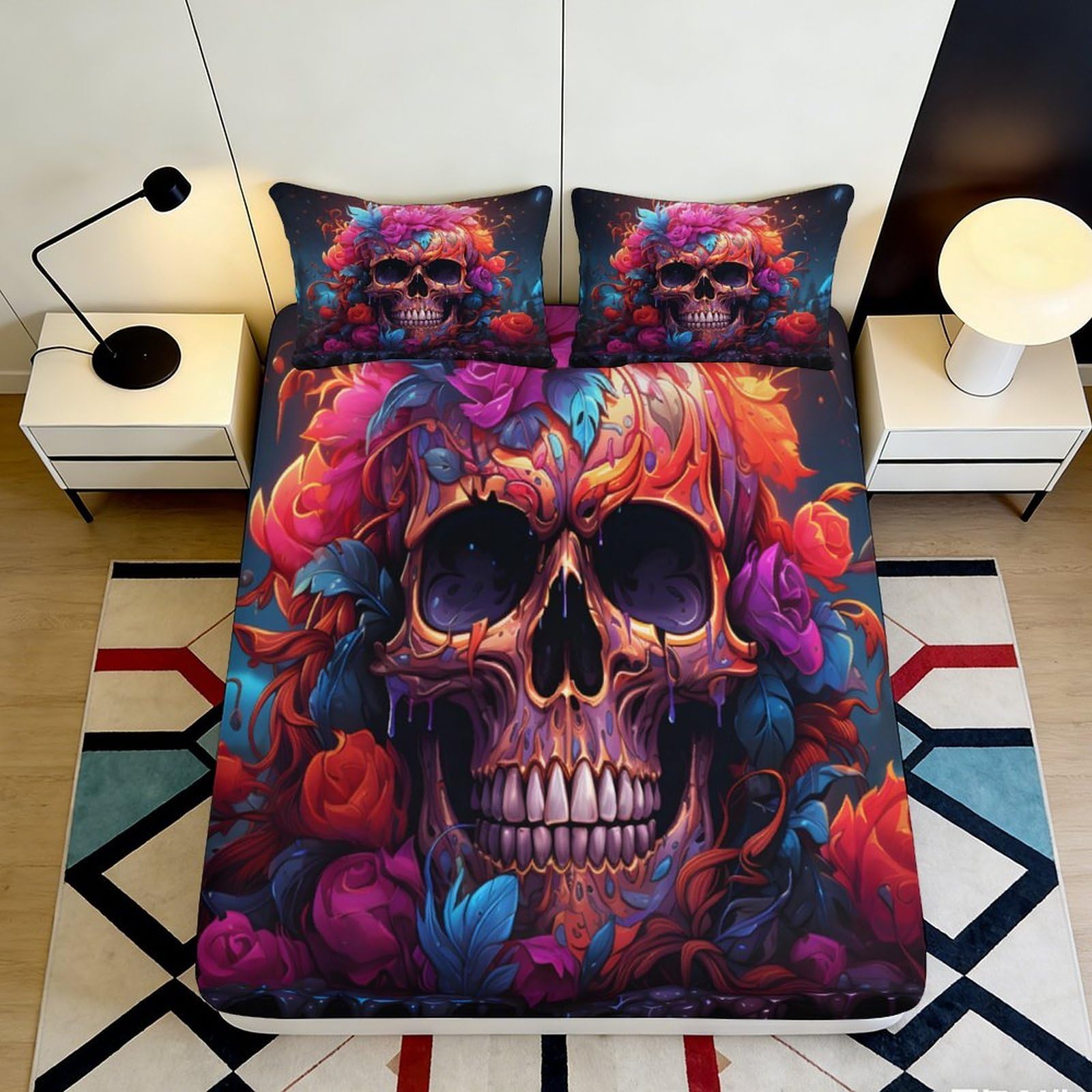 3D Printed Skull Floral Fitted Sheet Microfiber Vibrant Roses Bed Cover for Bedroom Guest Dorm Mattress Decor 90x200x25cm