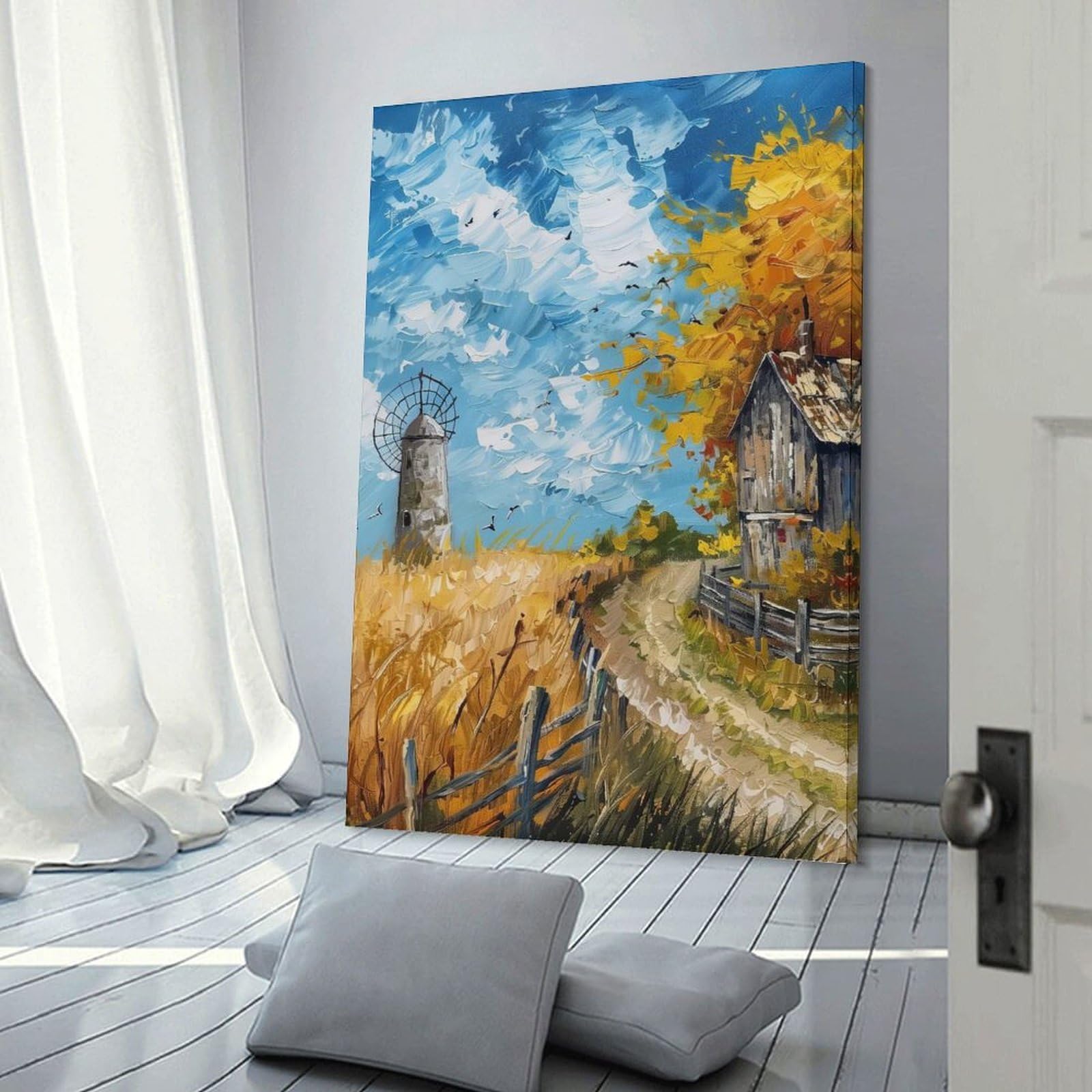 Junmoney Frame-Style-19 Autumn Landscape With Windmill And Barn Decorative Wall Artwork, 20X30inch(50X75cm), For Work Areas, Reading Rooms Or Studios, Wall Art That Adds Style To Work Areas