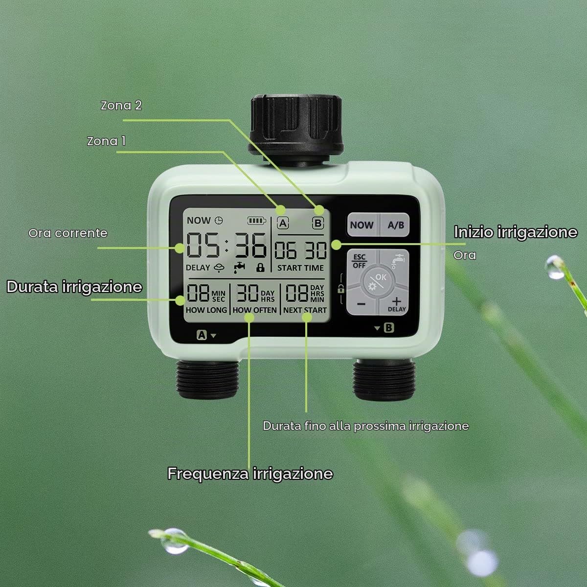 Timer Irrigazione 2 vie, Computer Giardino Irrigazione Timer,Timer Acqua Giardino Programmabile con Ritardo Pioggia, Modalità di Irrigazione Automatica e Manuale, per Giardino, Prato, Patio, Fattoria